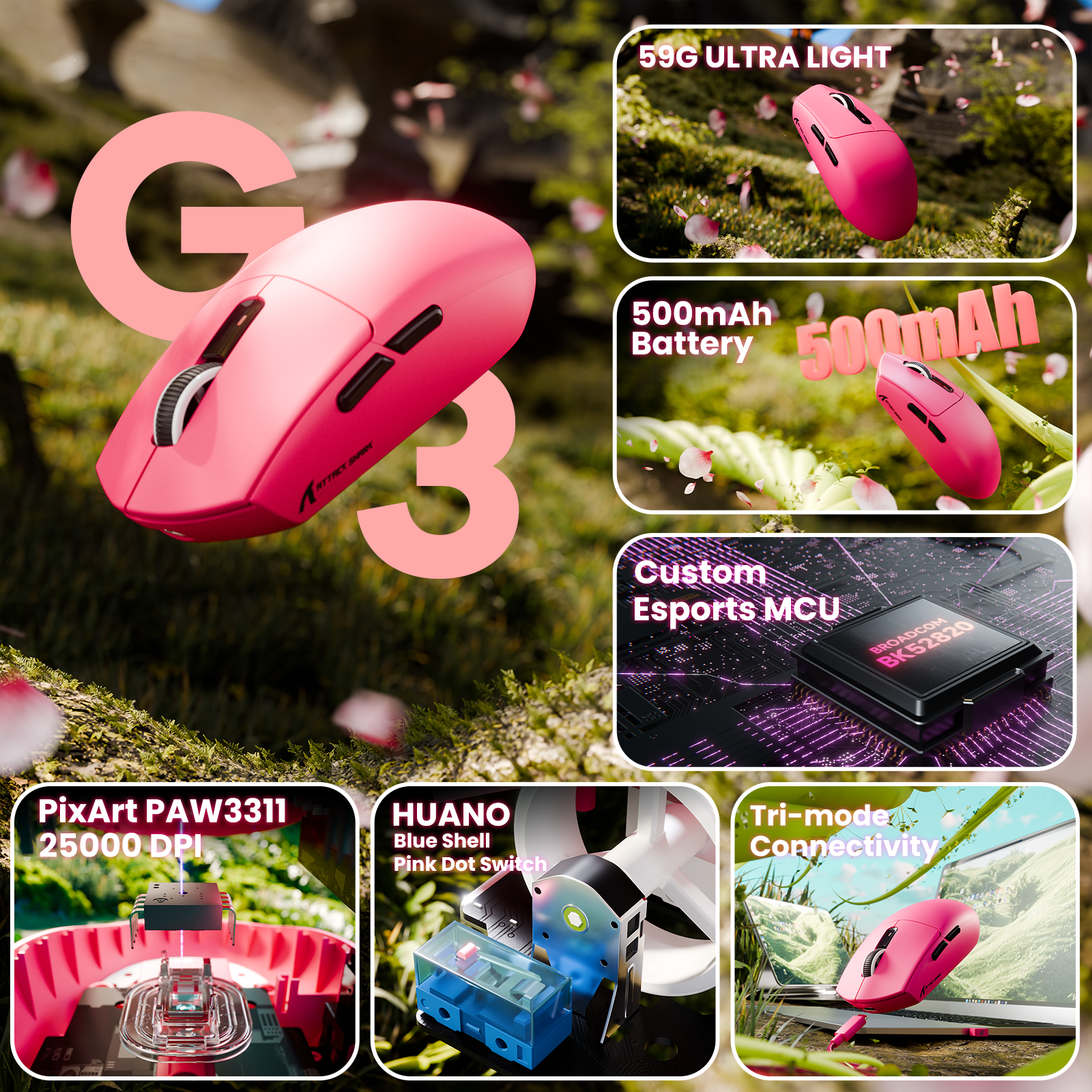 ATTACK SHARK G3 Mouse da Gaming Wireless Tri-mode 25000 DPI Ultra Leggero