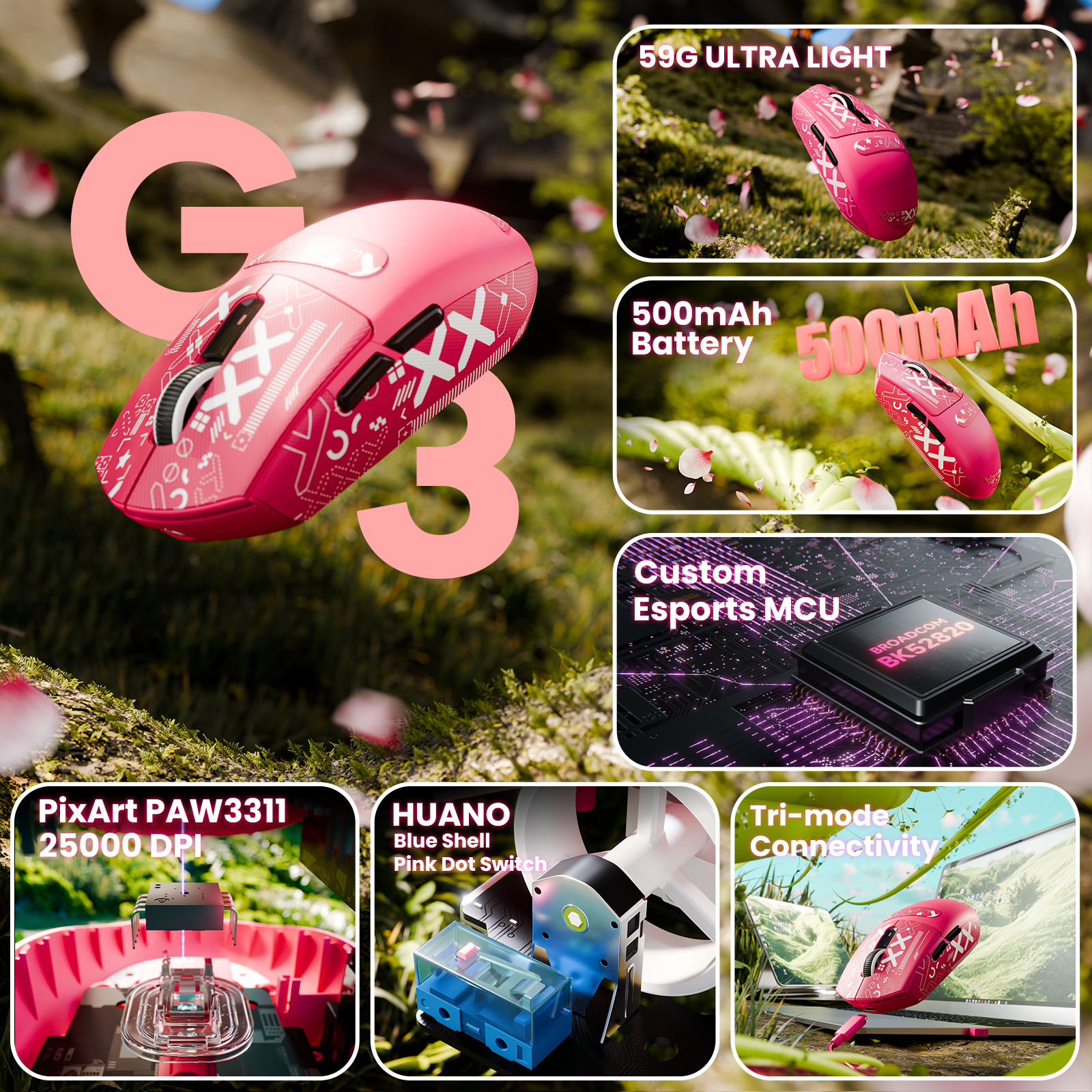 ATTACK SHARK G3 Mouse da Gaming Wireless Tri-mode 25000 DPI Ultra Leggero