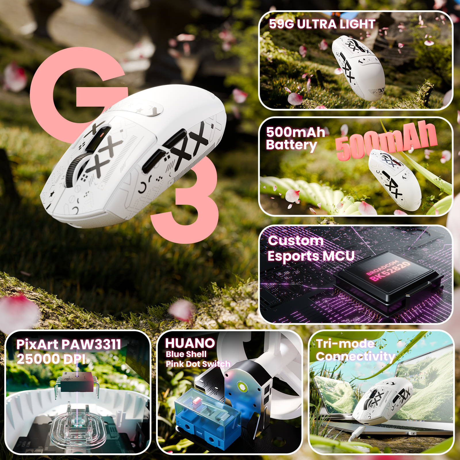 ATTACK SHARK G3 Mouse da Gaming Wireless Tri-mode 25000 DPI Ultra Leggero