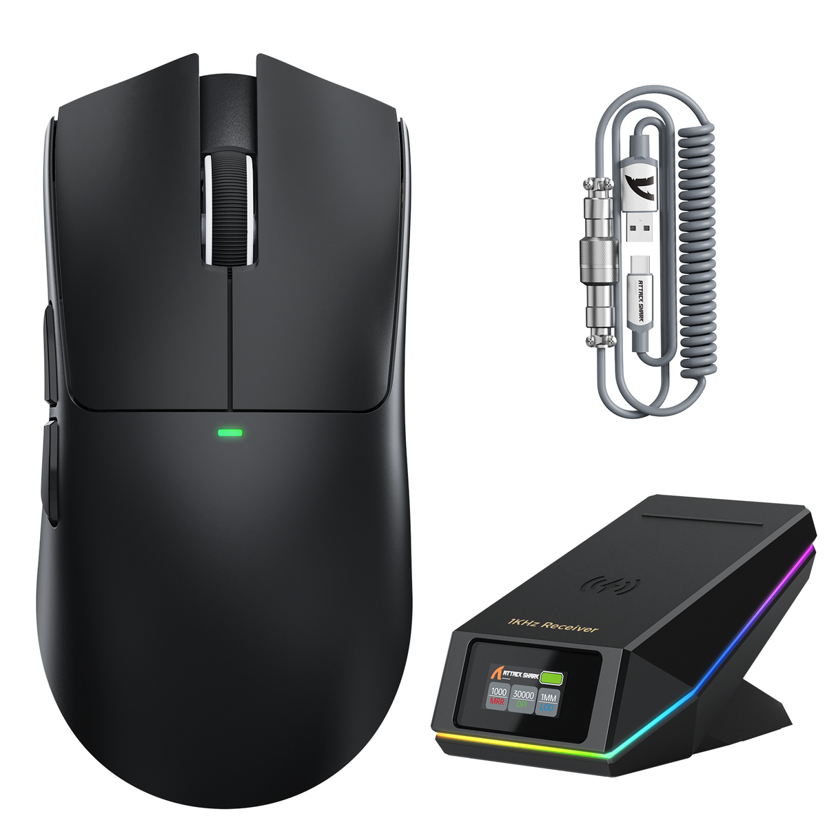 Mouse da gioco wireless ATTACK SHARK X11 PRO V2 con display TFT, dock di ricarica e cavo a spirale C06
