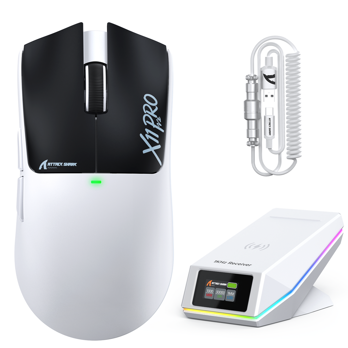 Mouse da gioco wireless ATTACK SHARK X11 PRO V2 con display TFT, dock di ricarica e cavo a spirale C06