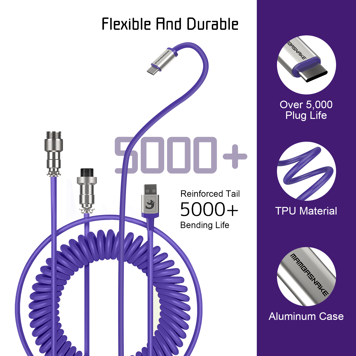 Purple coiled USB-C keyboard cable with detachable aviator connector and "Flexible And Durable" text.