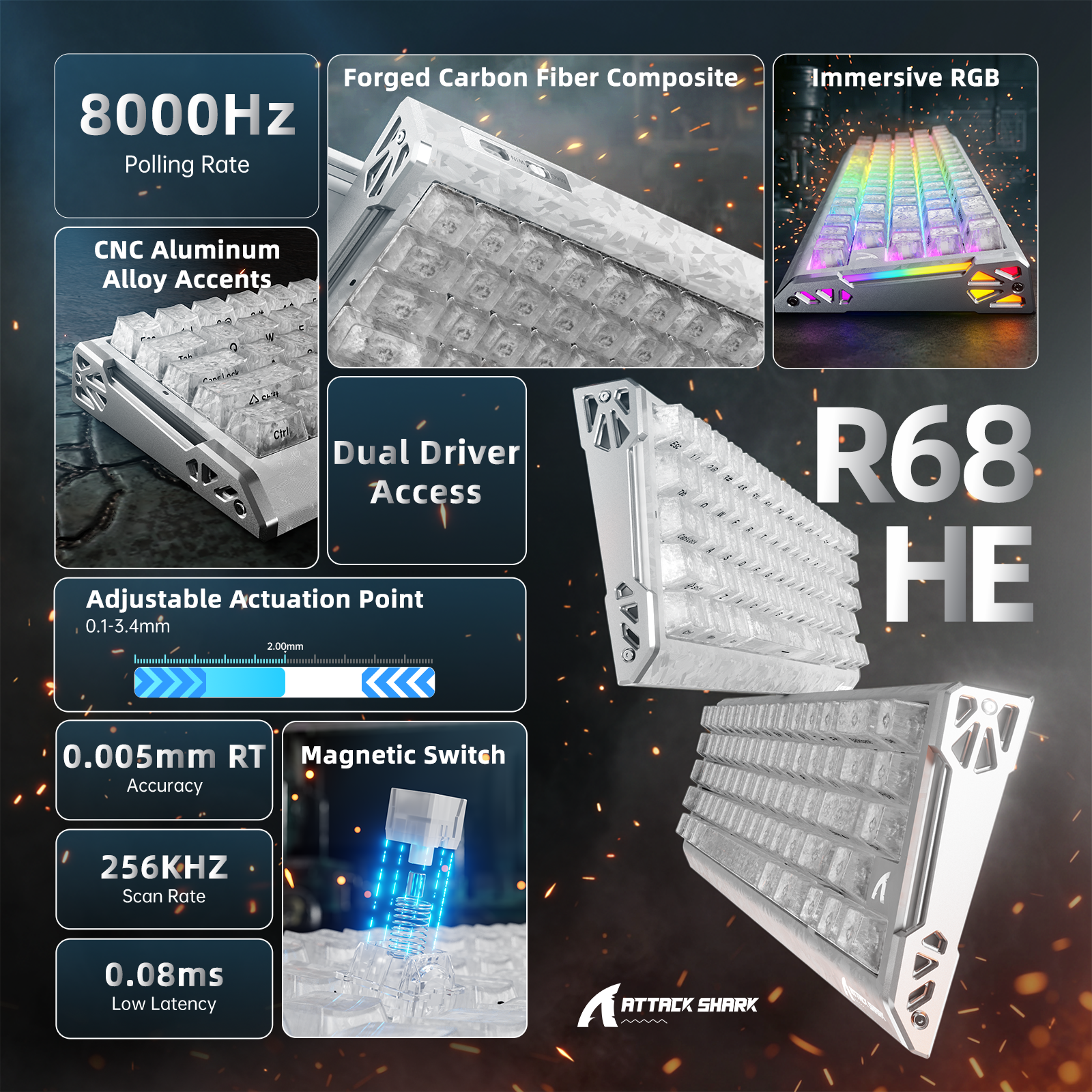 ATTACK SHARK R68 HE Tastiera Rapid Trigger in Fibra di Carbonio con Interruttore Magnetico