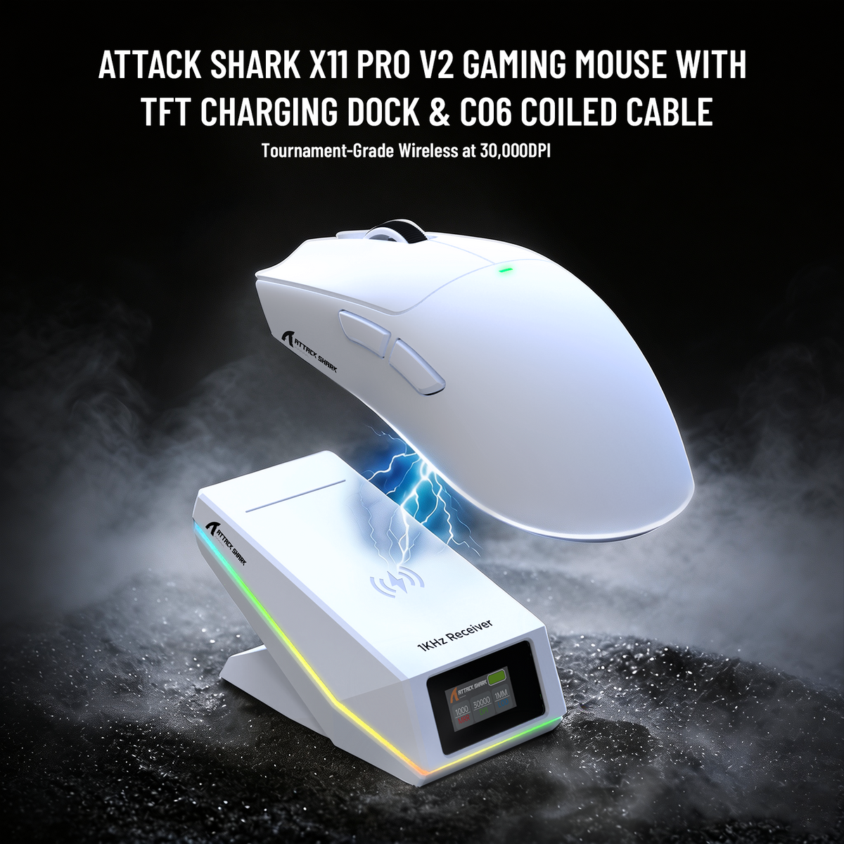 Mouse da gioco wireless ATTACK SHARK X11 PRO V2 con display TFT, dock di ricarica e cavo a spirale C06