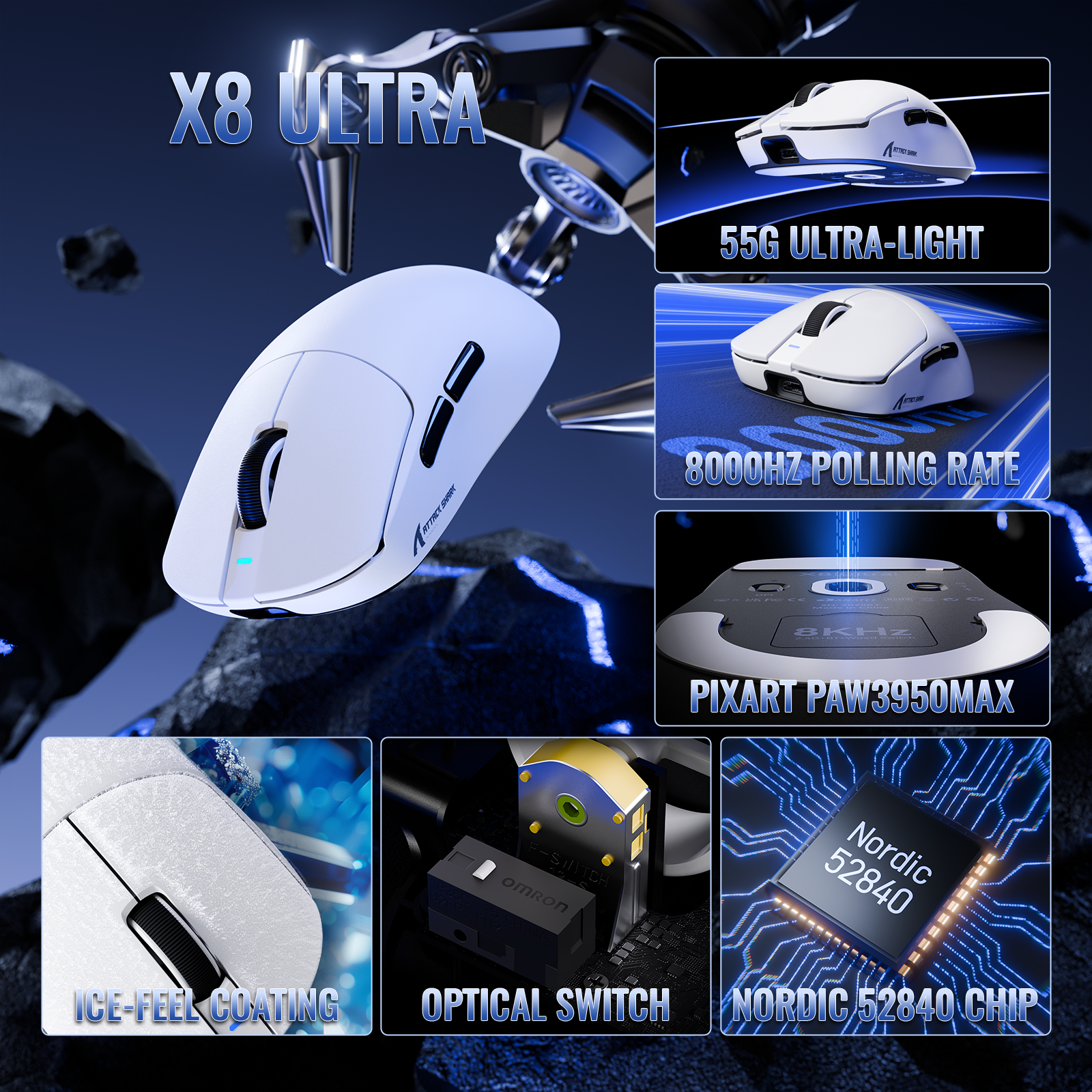 ATTACK SHARK X8 Series Mouse da Gioco Wireless Tri-mode Leggero