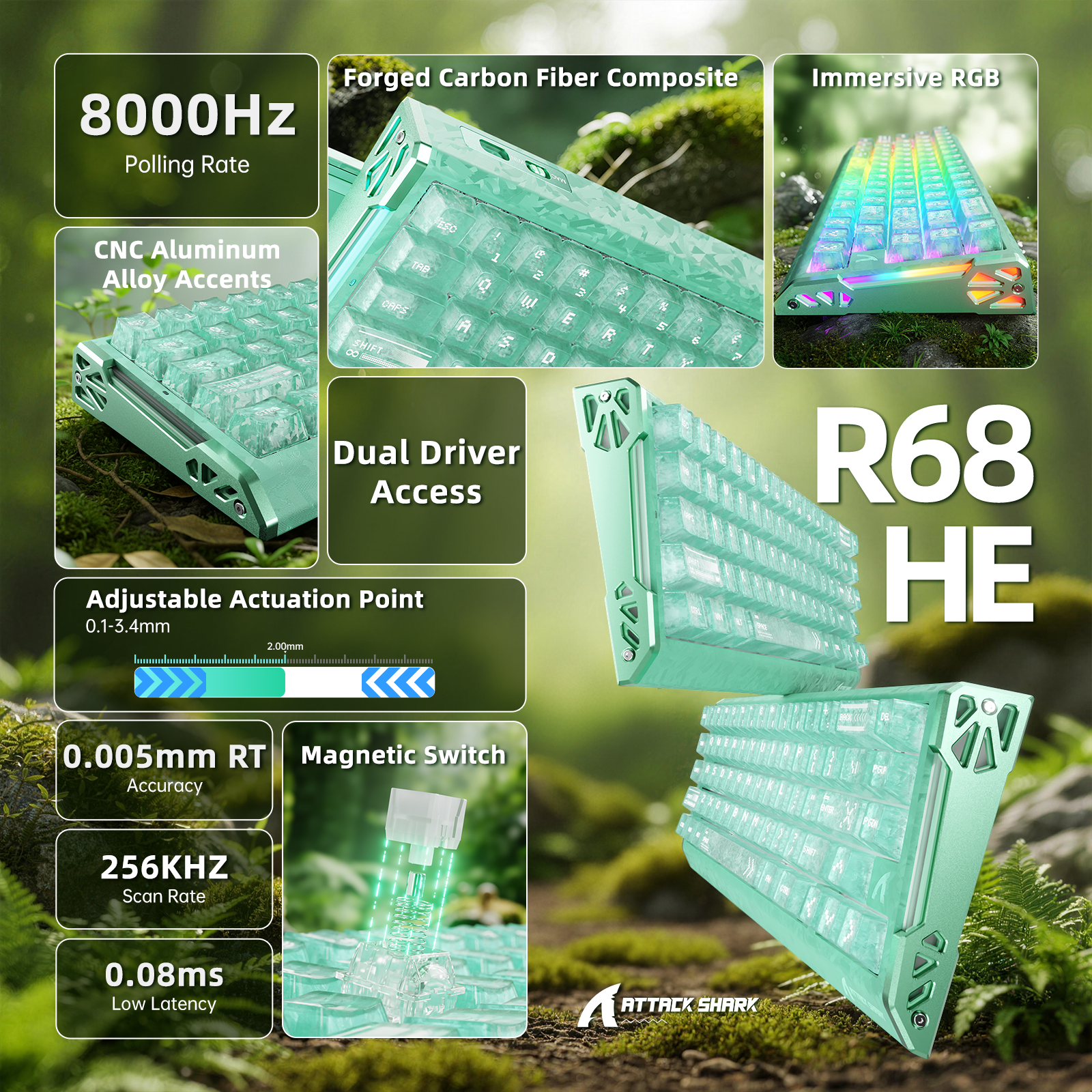 ATTACK SHARK R68 HE Tastiera Rapid Trigger in Fibra di Carbonio con Interruttore Magnetico