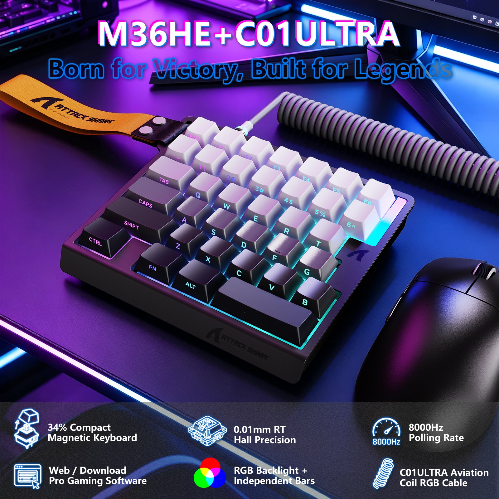 ATTACK SHARK M36 HE Tastiera con interruttore magnetico a una mano e cavo aviator LED ULTRA C01