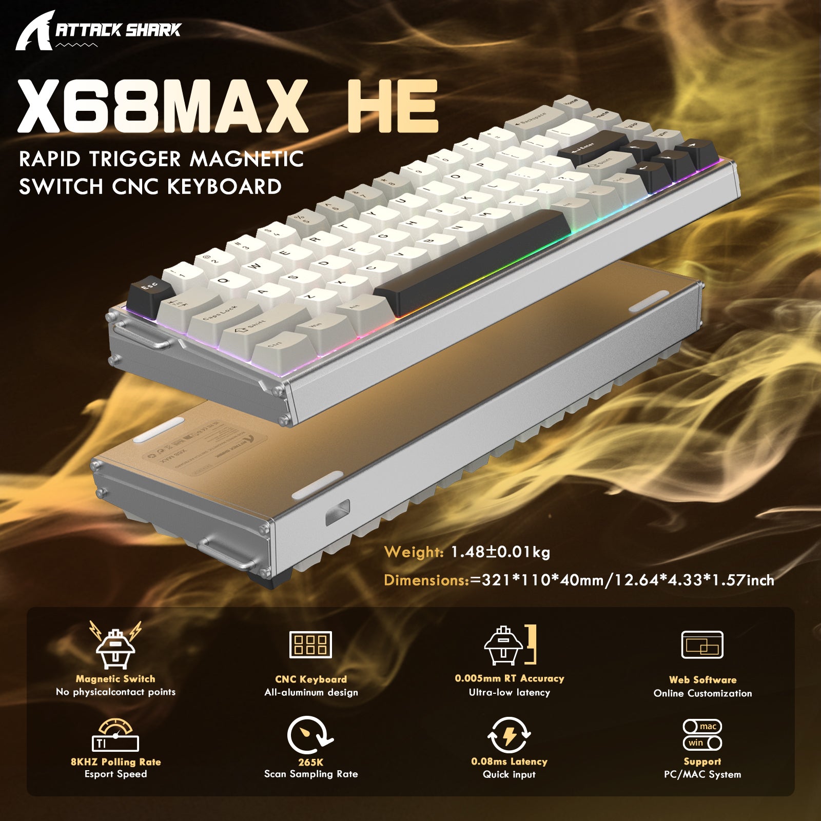 ATTACK SHARK X68MAX HE Rapid Trigger CNC Aluminum Keyboard Magnetic Switch con Cavo Spiralato RGB C01Ultra