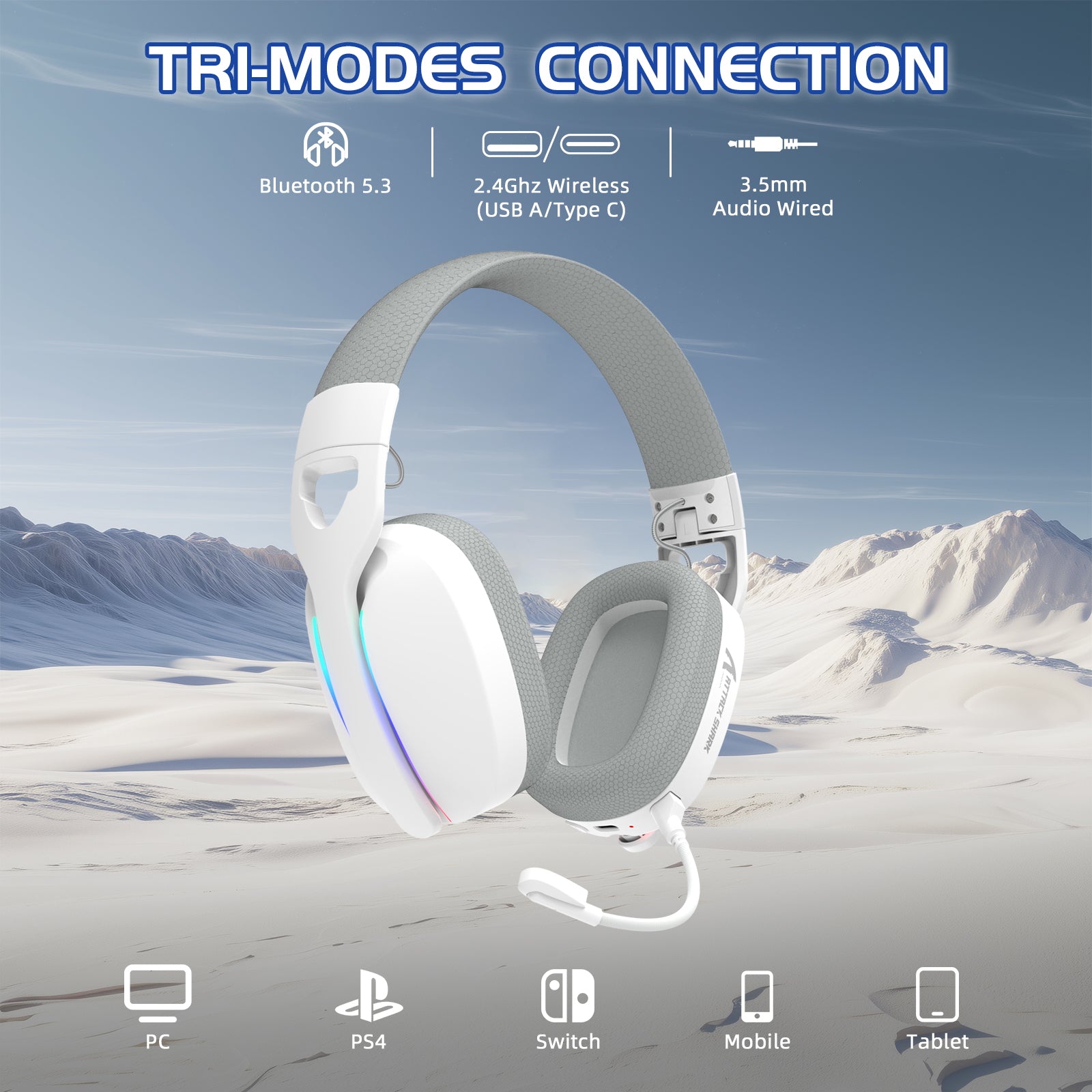 ATTACK SHARK L90 foldable white gaming headset with RGB lighting and detachable mic