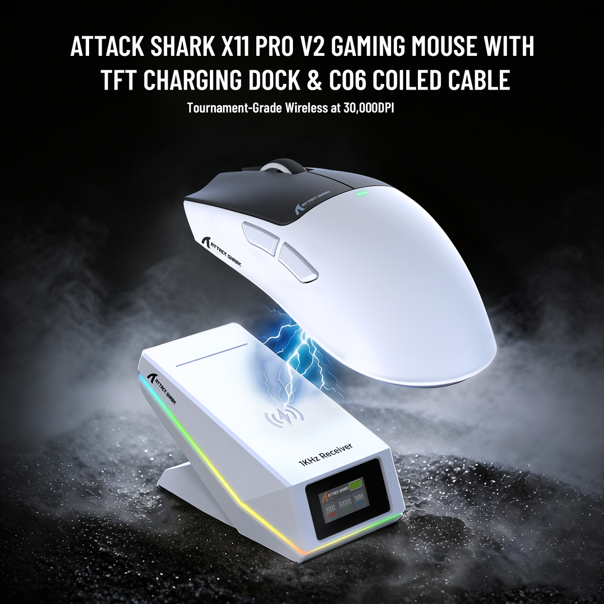 Mouse da gioco wireless ATTACK SHARK X11 PRO V2 con display TFT, dock di ricarica e cavo a spirale C06