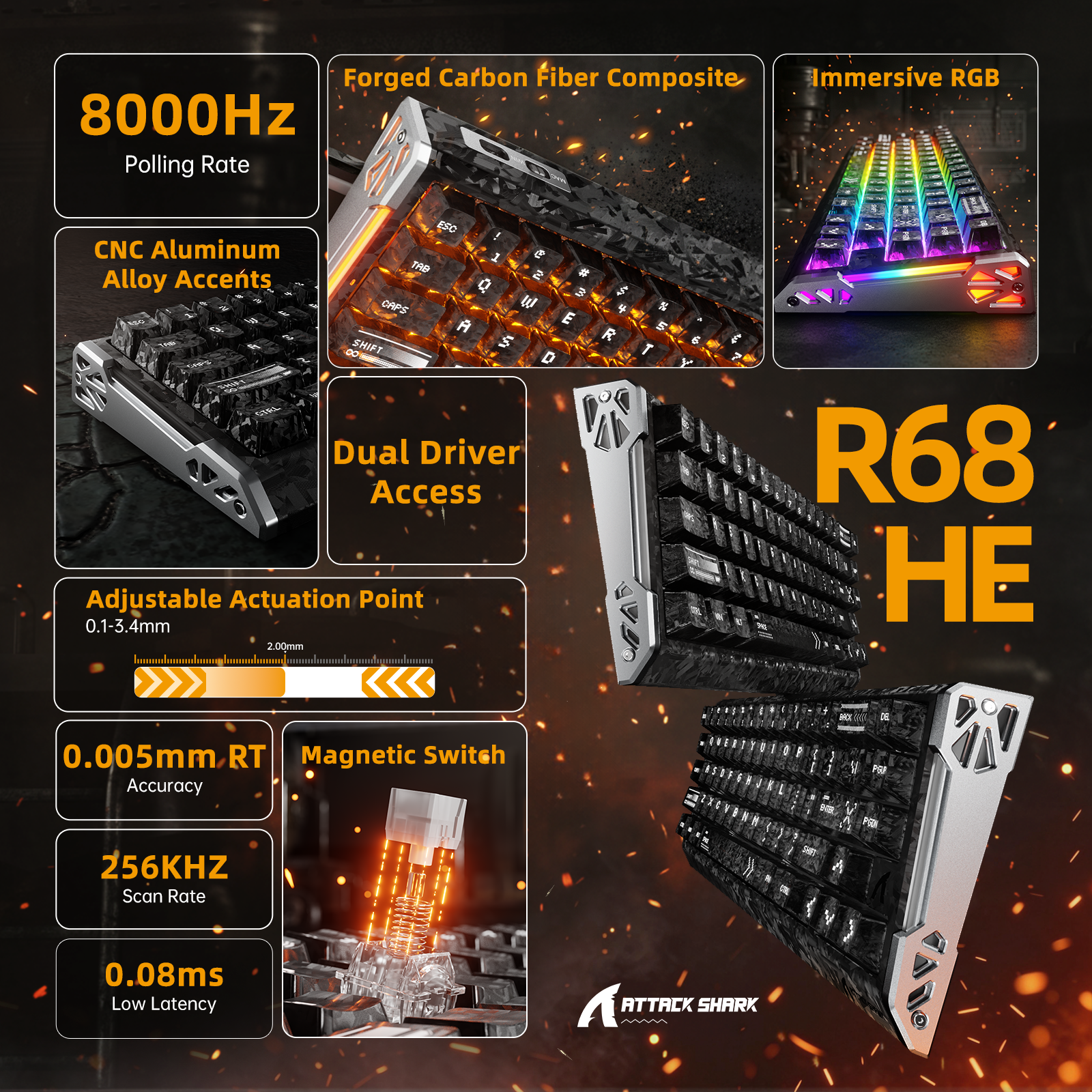 ATTACK SHARK R68 HE Tastiera Rapid Trigger in Fibra di Carbonio con Interruttore Magnetico