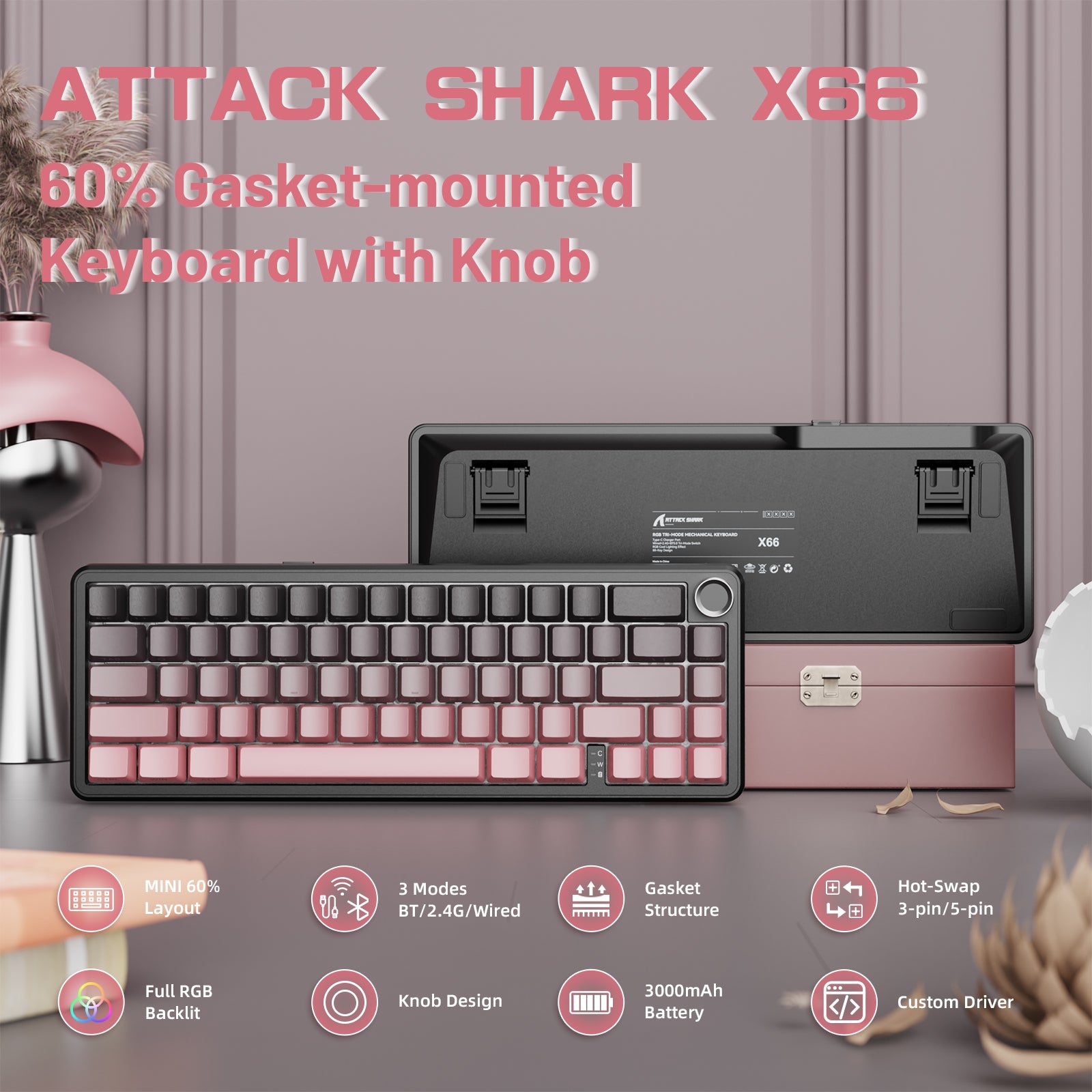 ATTACK SHARK X66 Wireless Mechanical Keyboard, 60% compact, RGB, gasket mount, knob, hot-swap, 3000mAh battery