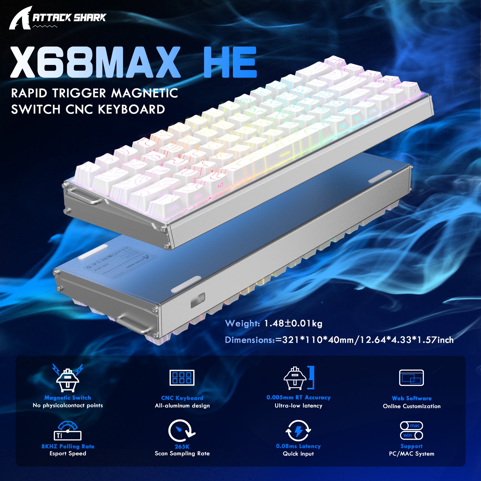 ATTACK SHARK X68MAX HE Tastiera CNC in Alluminio Rapid Trigger con Switch Magnetico e Cavo a Molla RGB C01Ultra