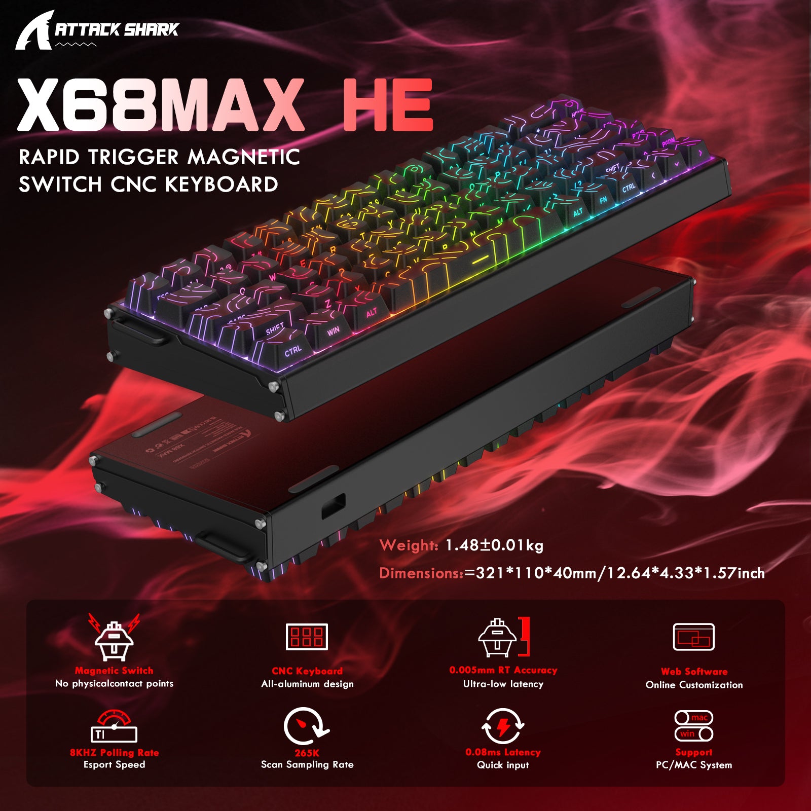 ATTACK SHARK X68MAX HE Rapid Trigger CNC Aluminum Keyboard Magnetic Switch con Cavo Spiralato RGB C01Ultra