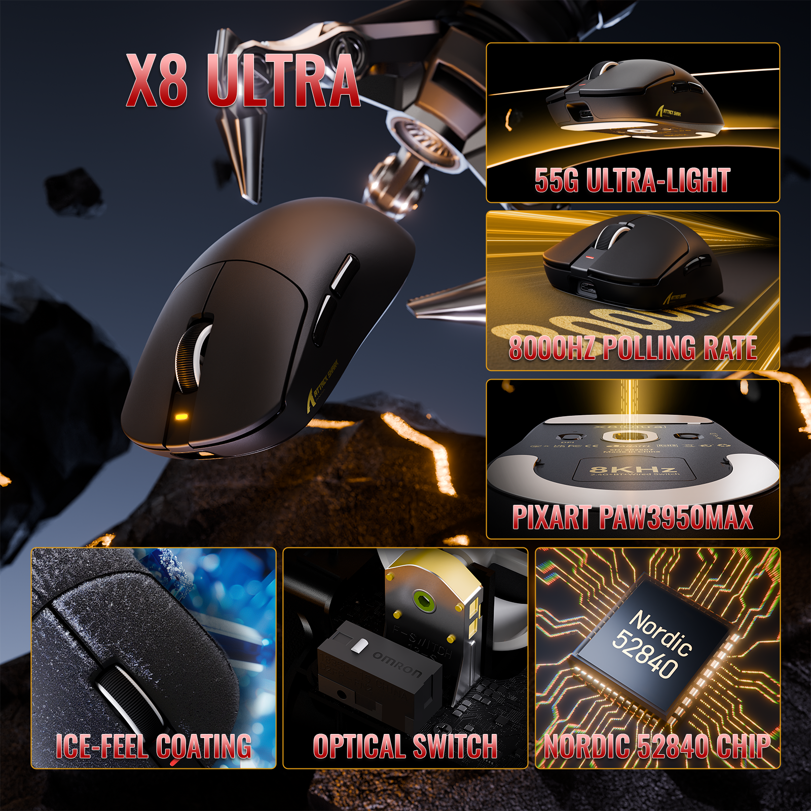 ATTACK SHARK X8 Series Mouse da Gioco Wireless Tri-mode Leggero