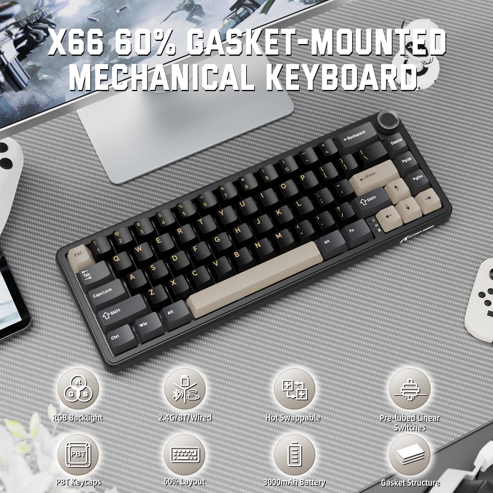 ATTACK SHARK X66 mechanical keyboard, 60% gasket-mounted, RGB, hot-swappable, black frame with cream keycaps