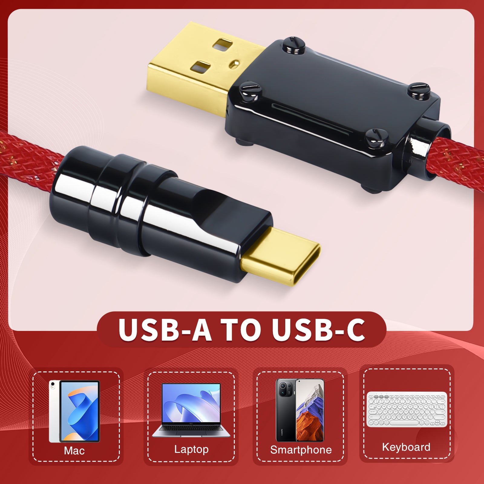 ATTACK SHARK C05 red coiled USB-A to USB-C cable, durable braided sleeve, gold connectors. Compatible with Mac, Laptop, Smartphone, Keyboard.