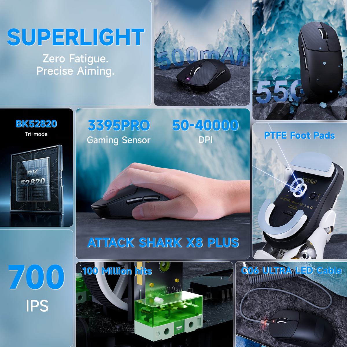 Mouse da gaming wireless tri-modalità ATTACK SHARK X8 PLUS con cavo C06 ULTRA