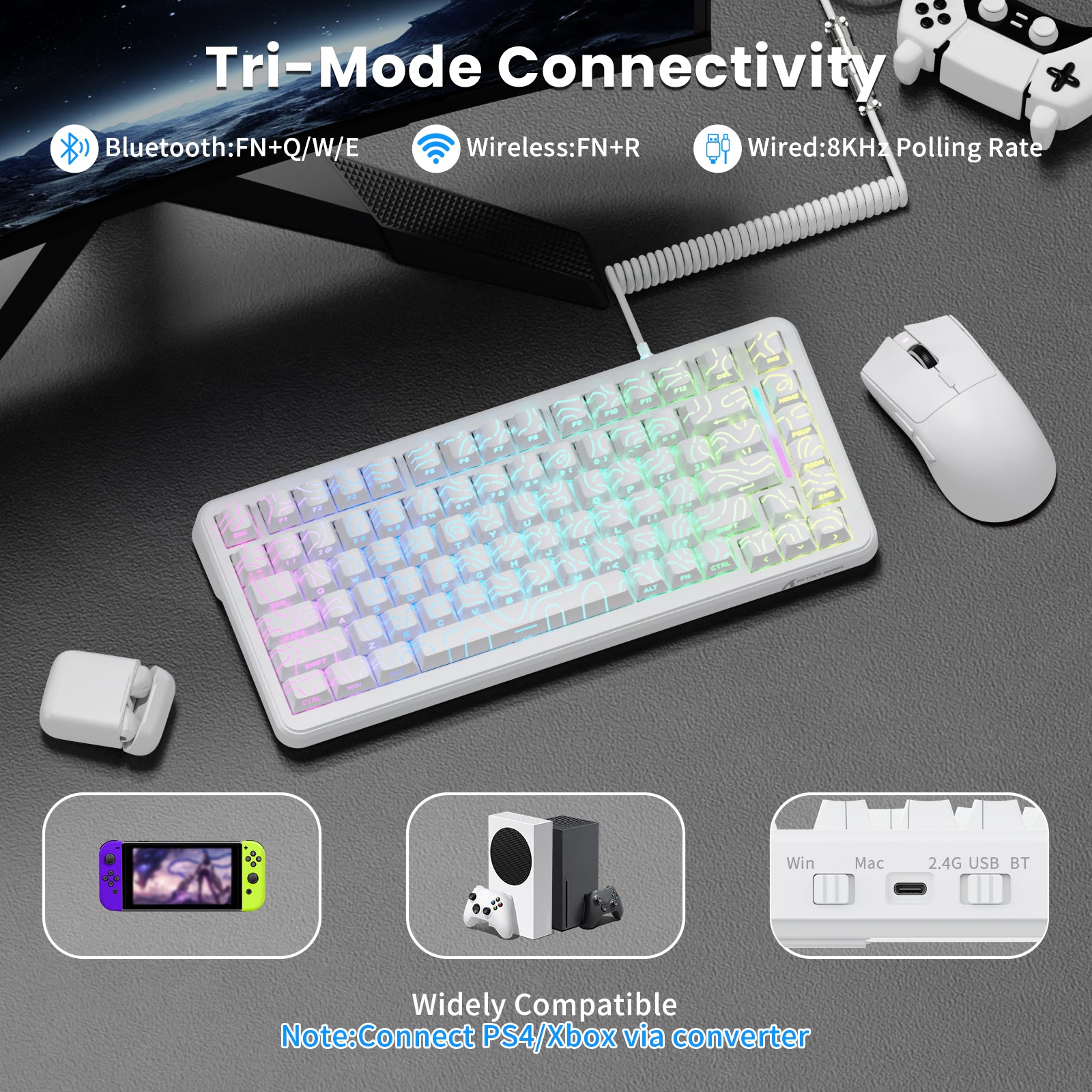ATTACK SHARK X82PRO HE keyboard: Tri-Mode (Bluetooth, Wireless, Wired) with RGB and PS4/Xbox compatibility.