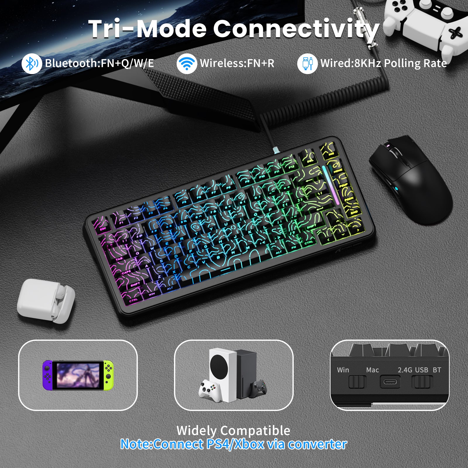 X82PRO HE keyboard with tri-mode connectivity, 8KHz polling rate. Compatible with Bluetooth, wireless and wired devices.