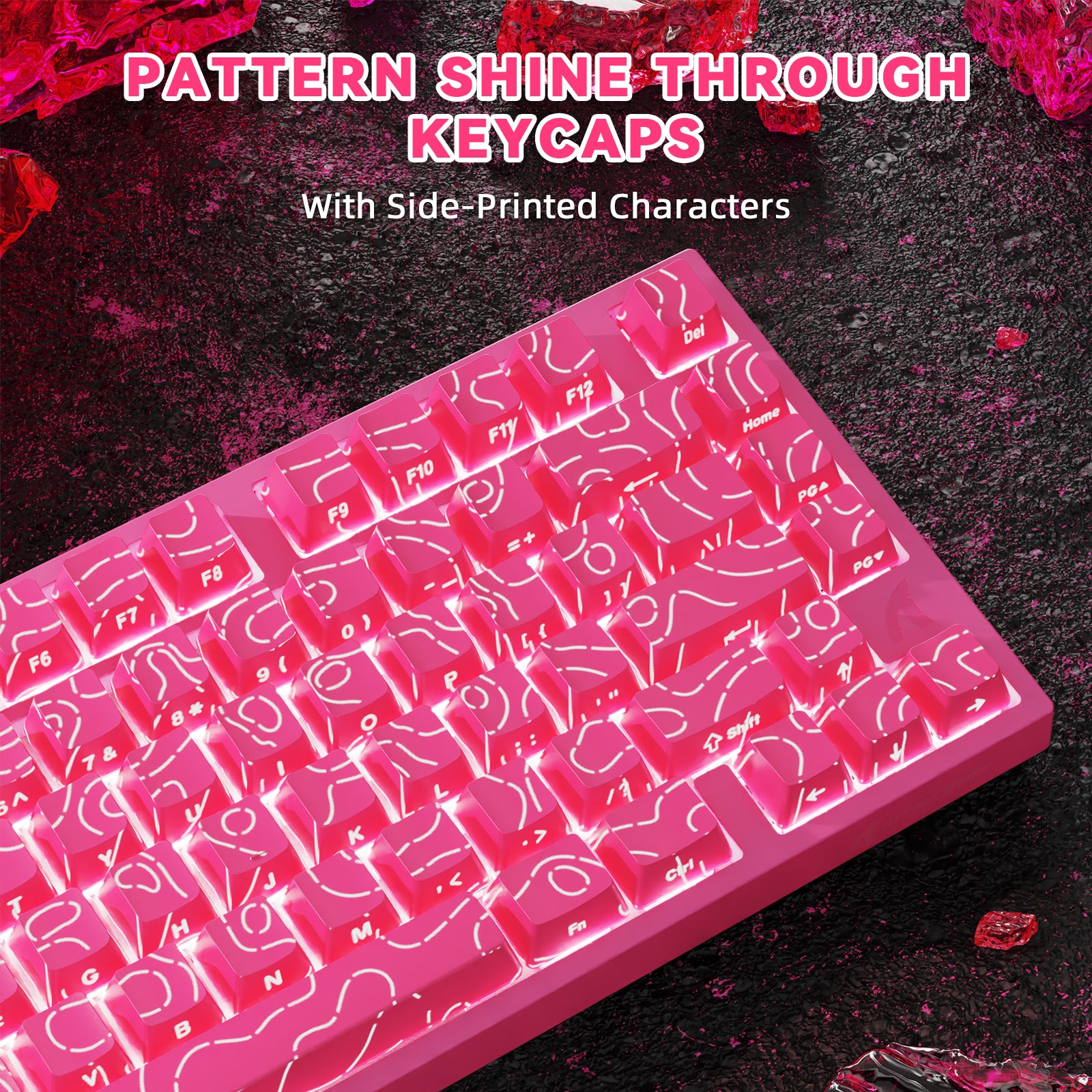 Pink mechanical keyboard with translucent patterned keycaps and side-printed characters.