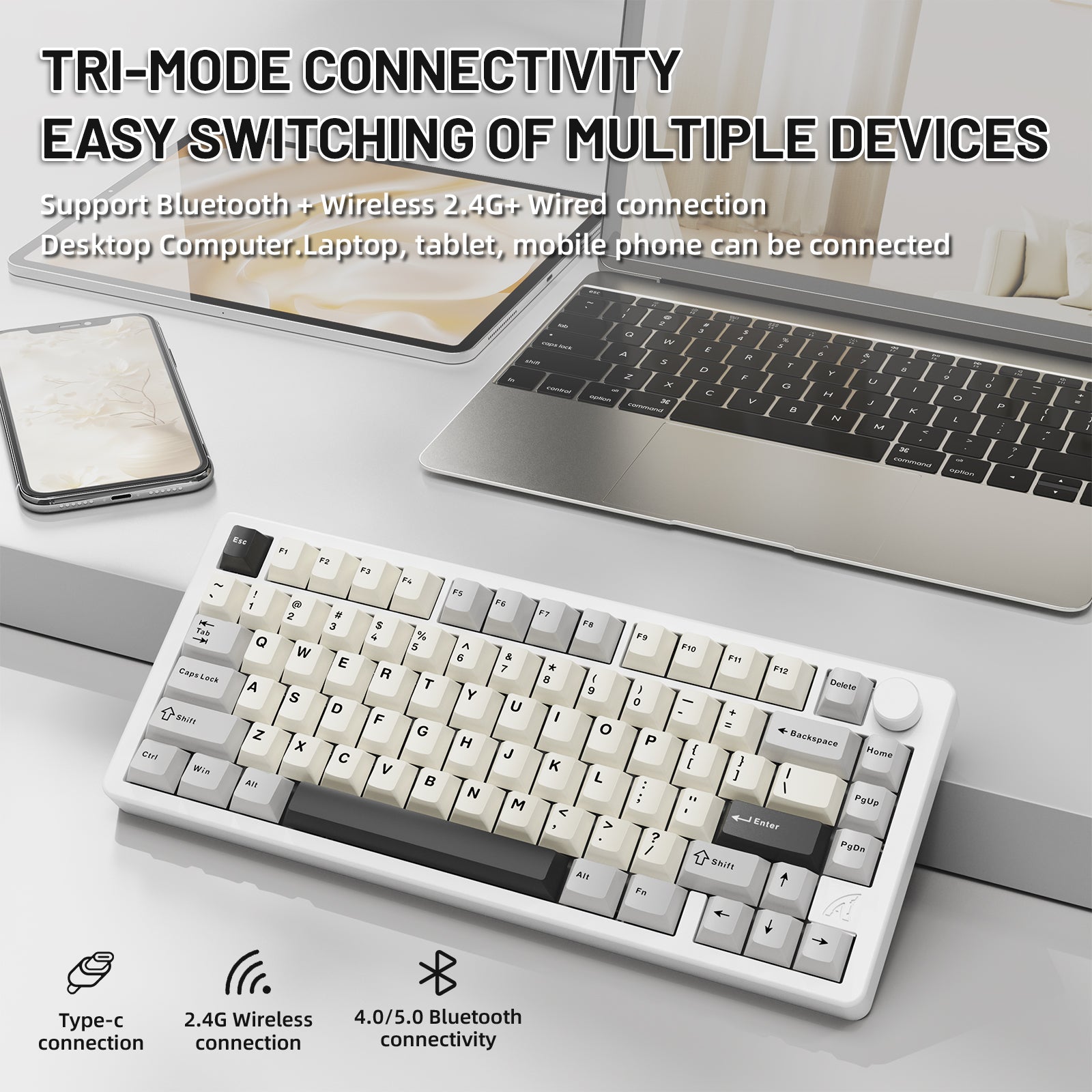 ATTACK SHARK X86 white mechanical keyboard with tri-mode connectivity for PC, laptop, and mobile.