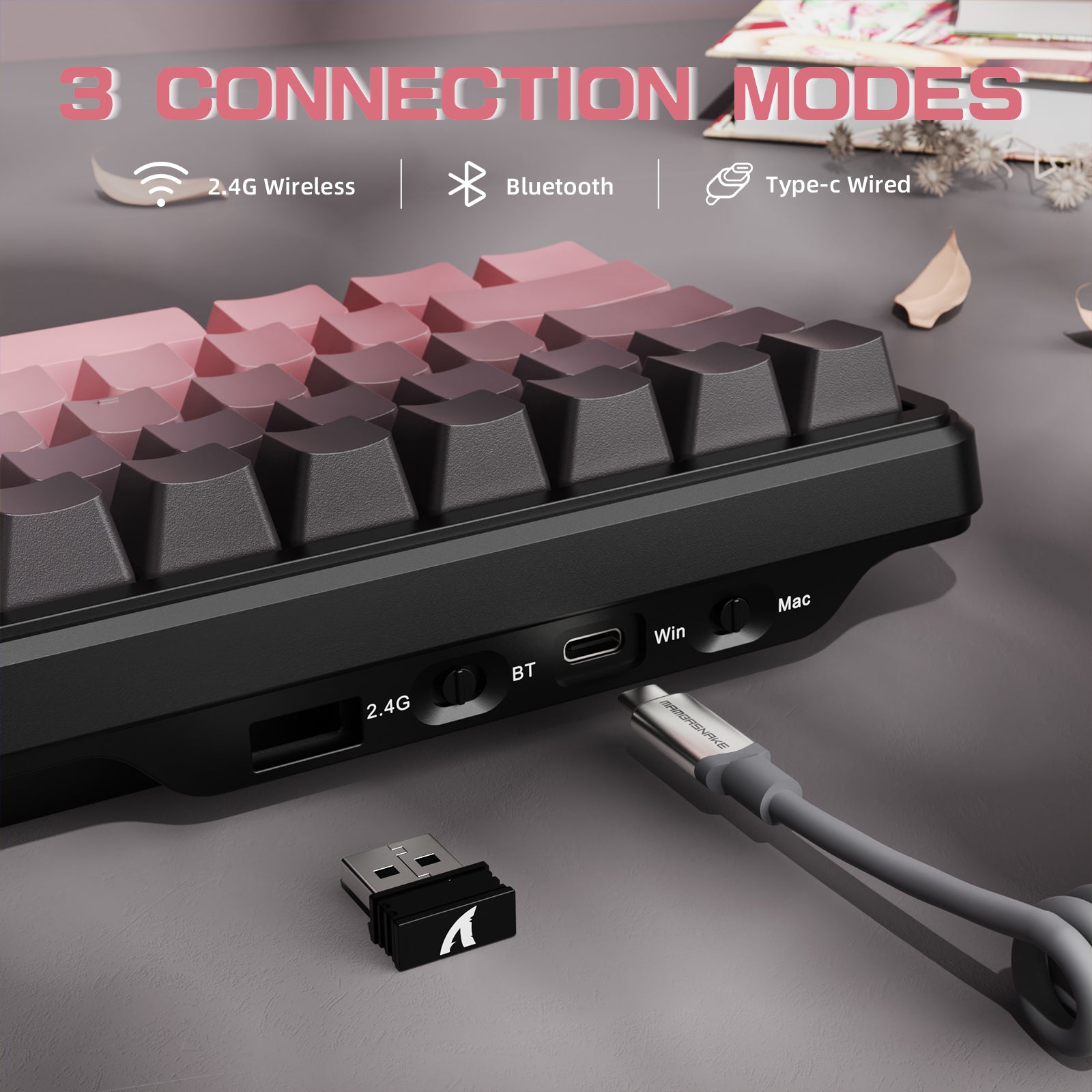 ATTACK SHARK X66 wireless mechanical keyboard with tri-mode connection options: 2.4G, Bluetooth, and USB-C wired.