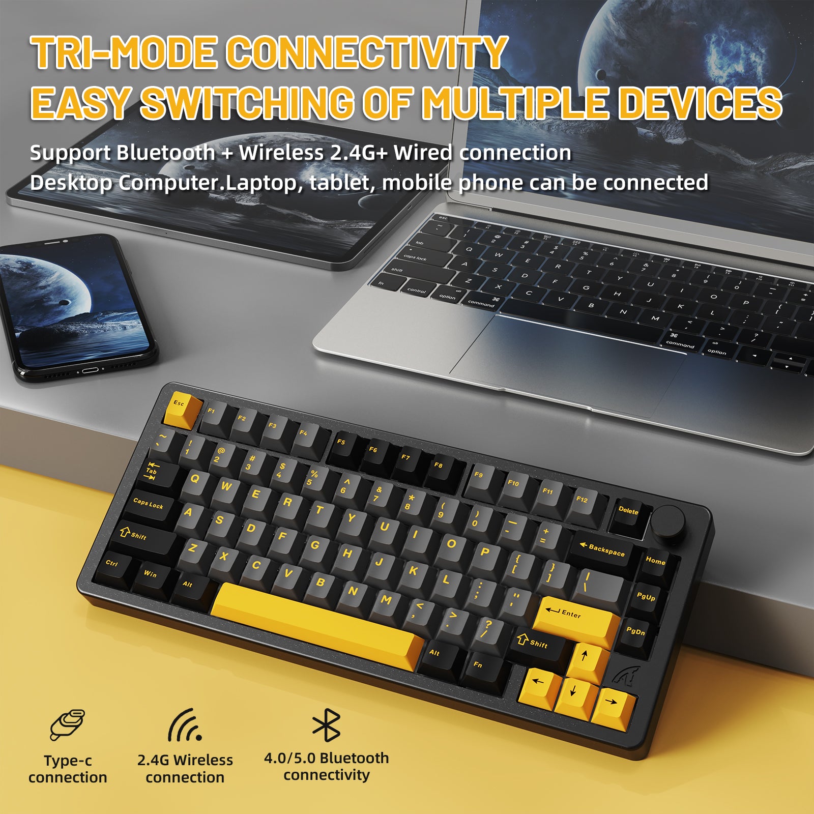 ATTACK SHARK X86 mechanical keyboard with tri-mode connectivity: Bluetooth, 2.4G wireless, and Type-C connection.