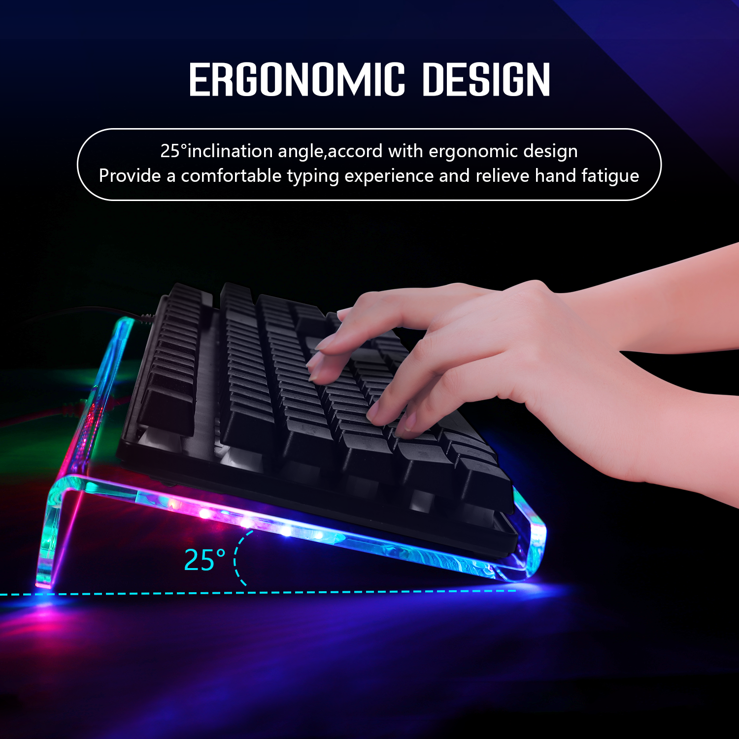 Ergonomic RGB keyboard holder at a 25° angle with vibrant backlighting and typing hand.