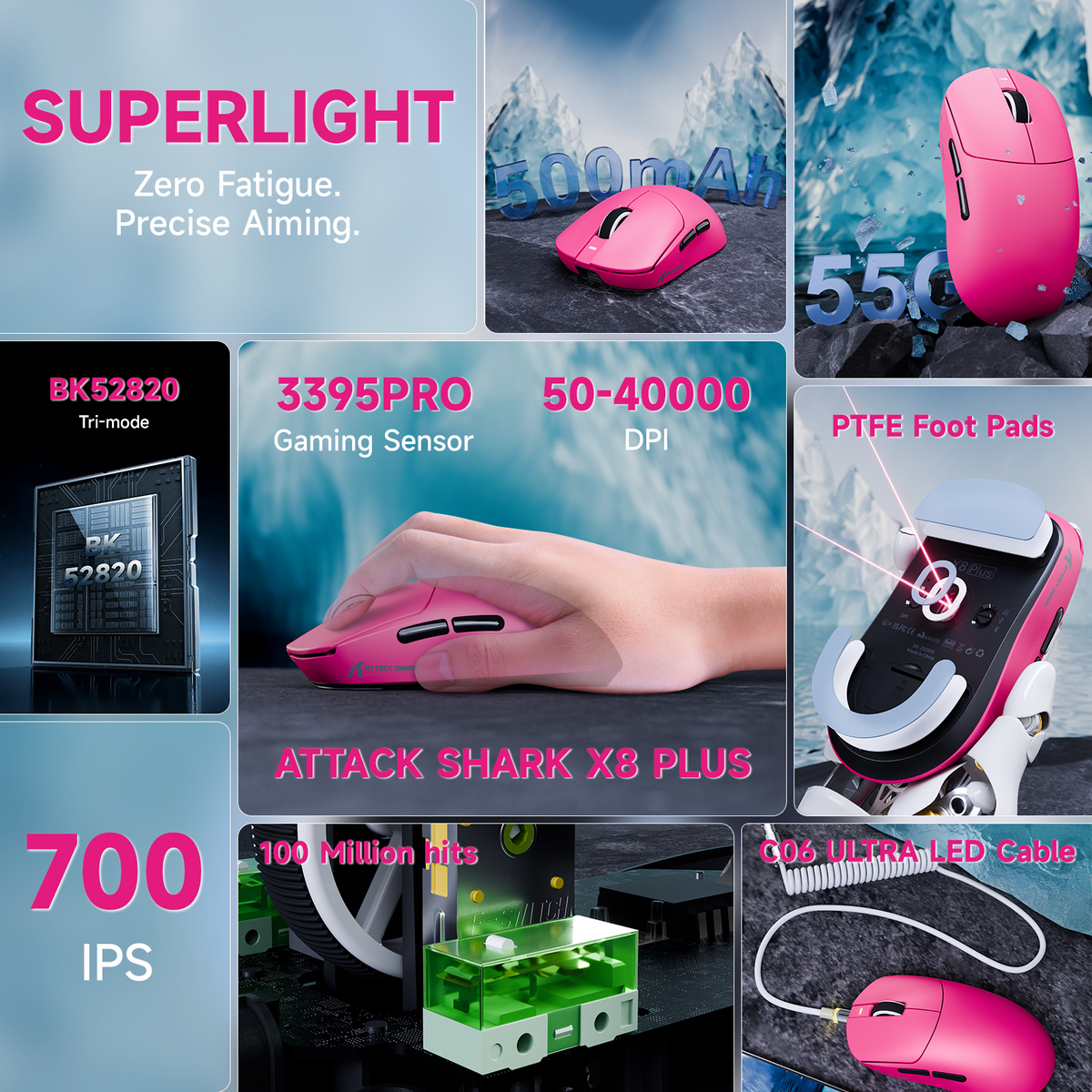Mouse da gaming wireless tri-modalità ATTACK SHARK X8 PLUS con cavo C06 ULTRA