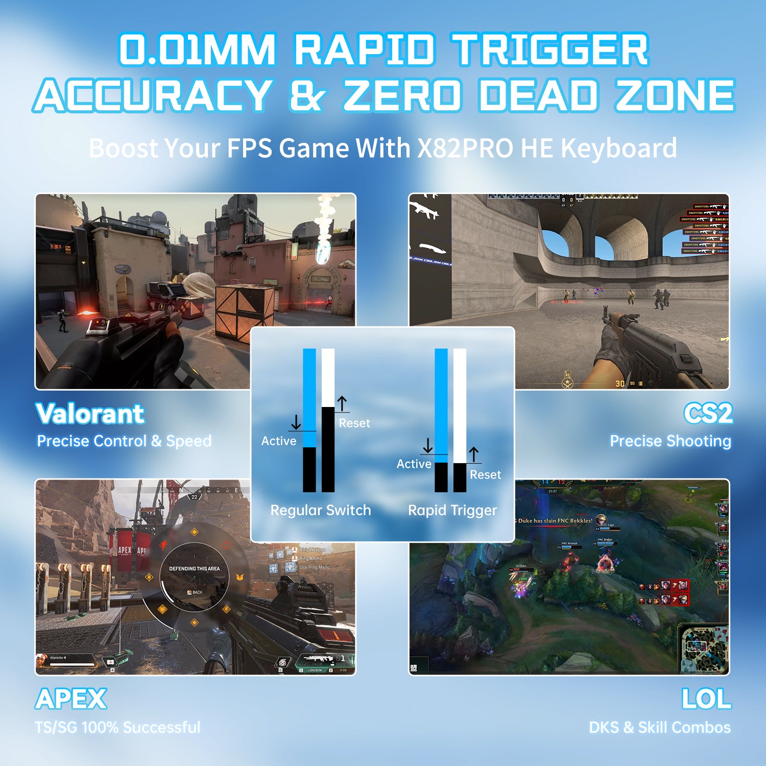 X82PRO HE gaming keyboard with 0.01mm Rapid Trigger, enhancing FPS gaming in Valorant, CS2, Apex, and LOL.