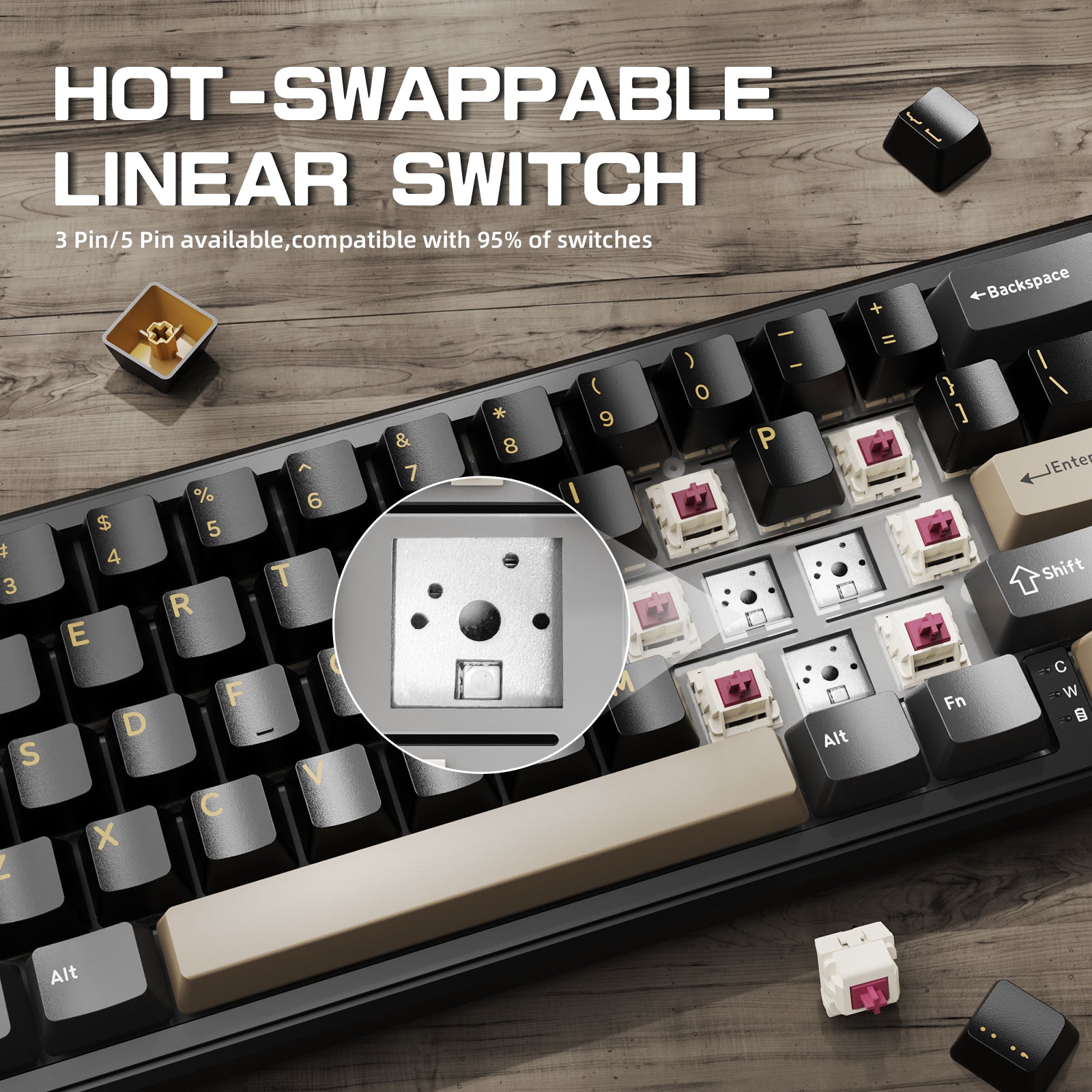 ATTACK SHARK X66 keyboard with hot-swappable linear switches. Supports 3 and 5 pin switches, compatible with 95%.