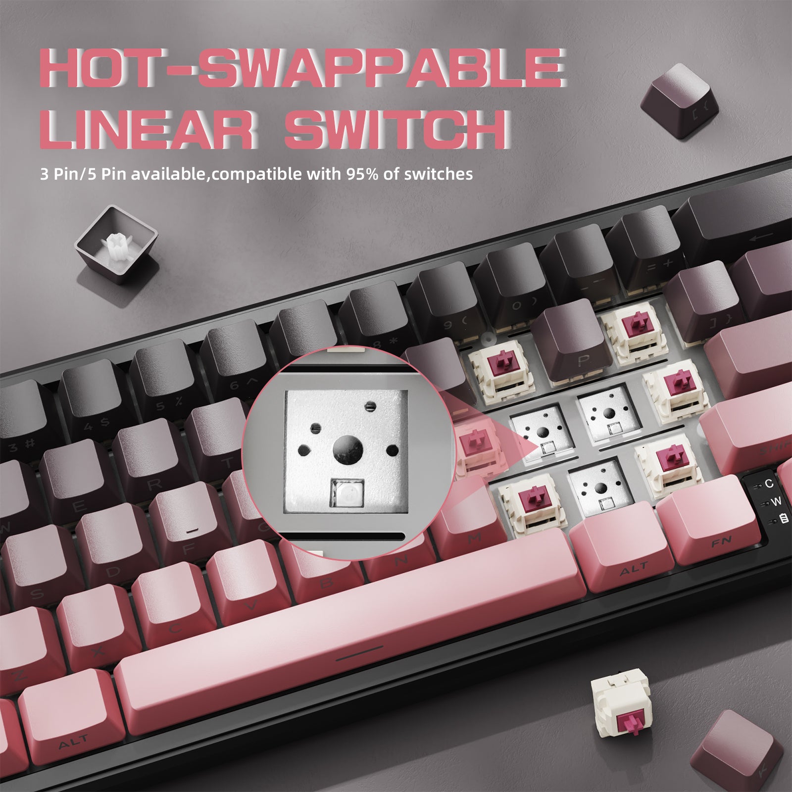 ATTACK SHARK X66 wireless mechanical keyboard showing hot-swappable linear switches and 3/5 pin compatibility.