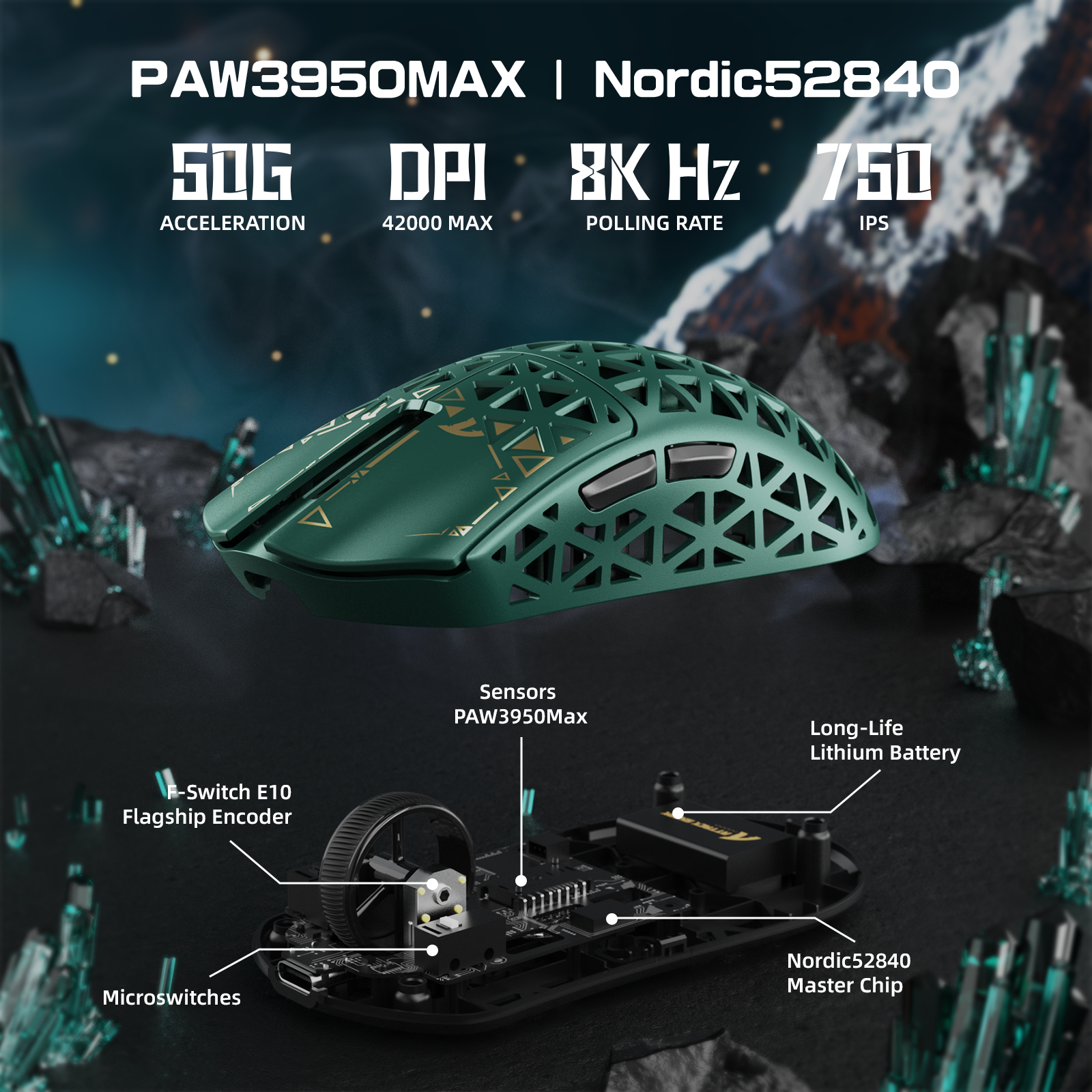 ATTACK SHARK R5 gaming mouse with PAW3950MAX sensor, 8K Hz polling, 42000 DPI, and internal components highlighted.