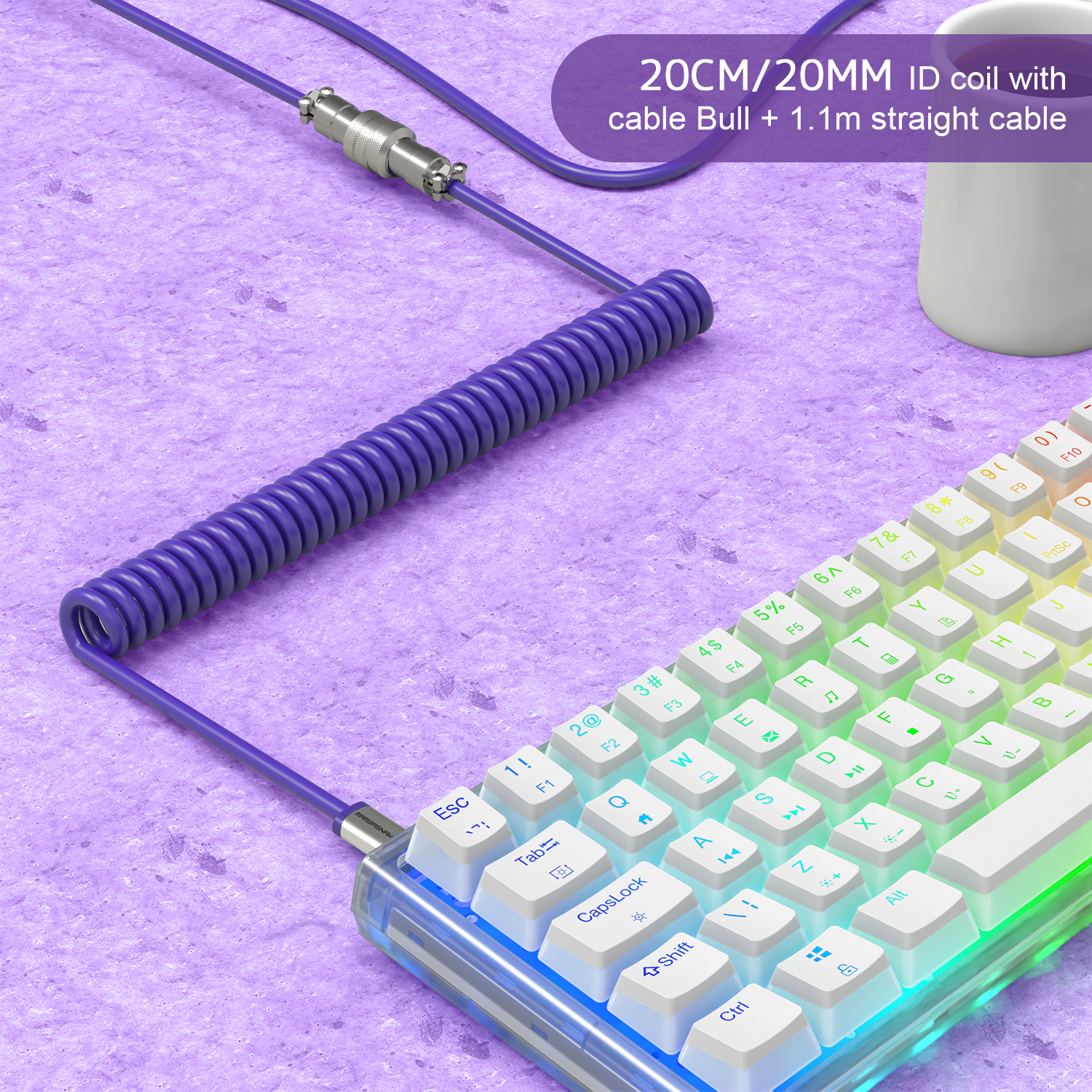 Purple coiled USB-C keyboard cable with detachable metal aviator connector attached to a mechanical keyboard.