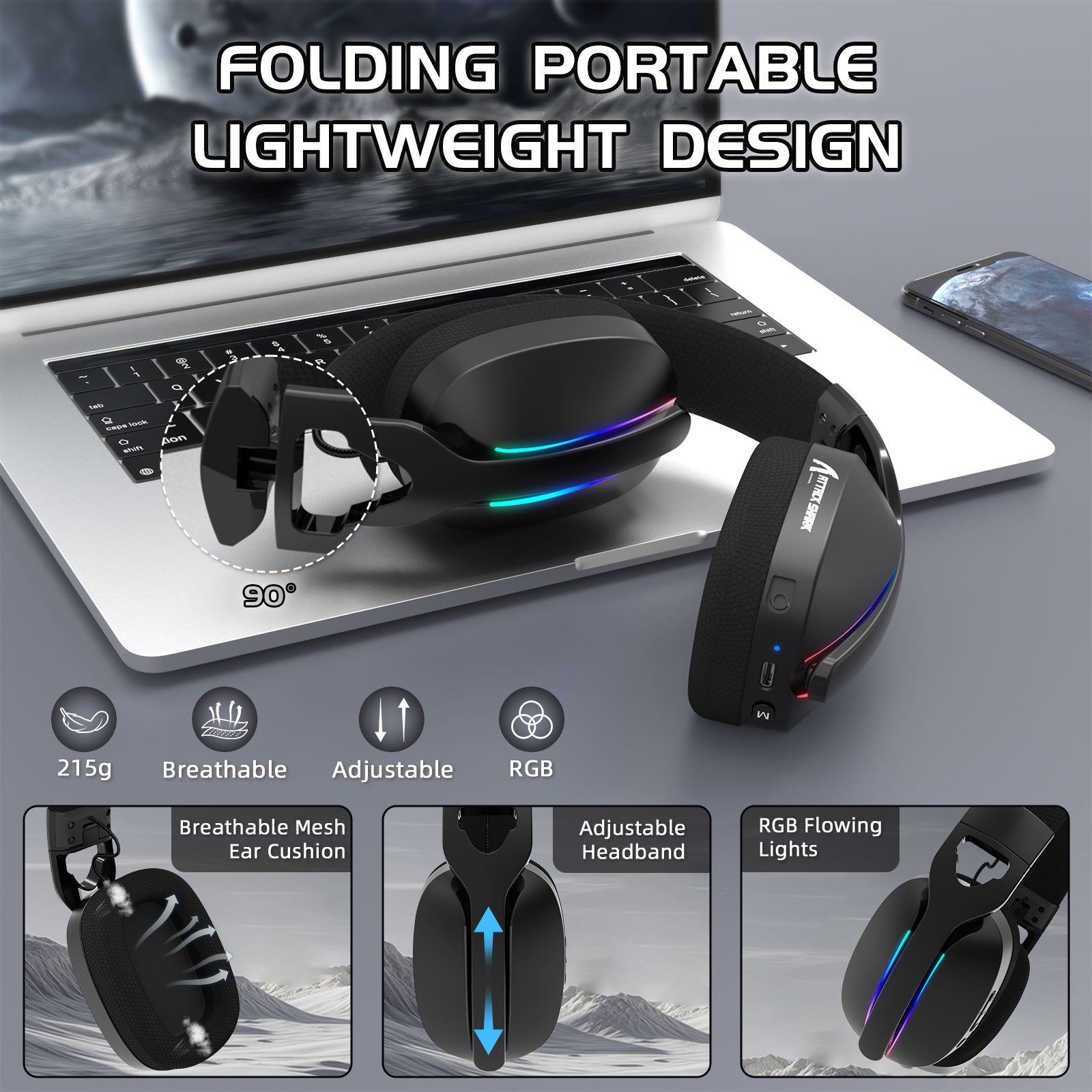 Cuffie da gaming ATTACK SHARK L90 pieghevoli RGB ultra-leggere a tre modalità