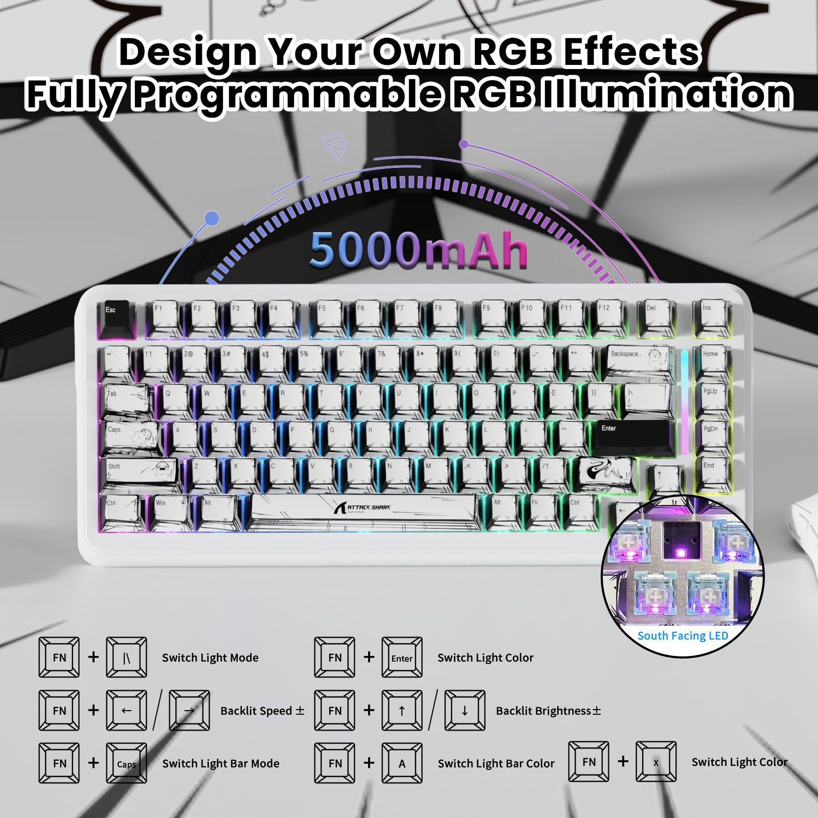 X82PRO HE keyboard, white, RGB, 5000mAh battery, 75% layout, south-facing LED, unique keycaps.