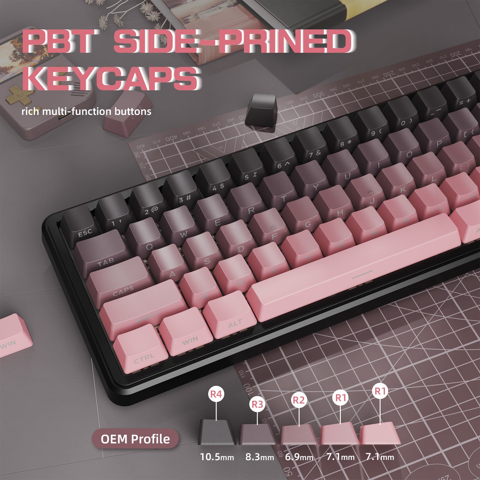 ATTACK SHARK X66 mechanical keyboard with pink and gray PBT side-printed keycaps
