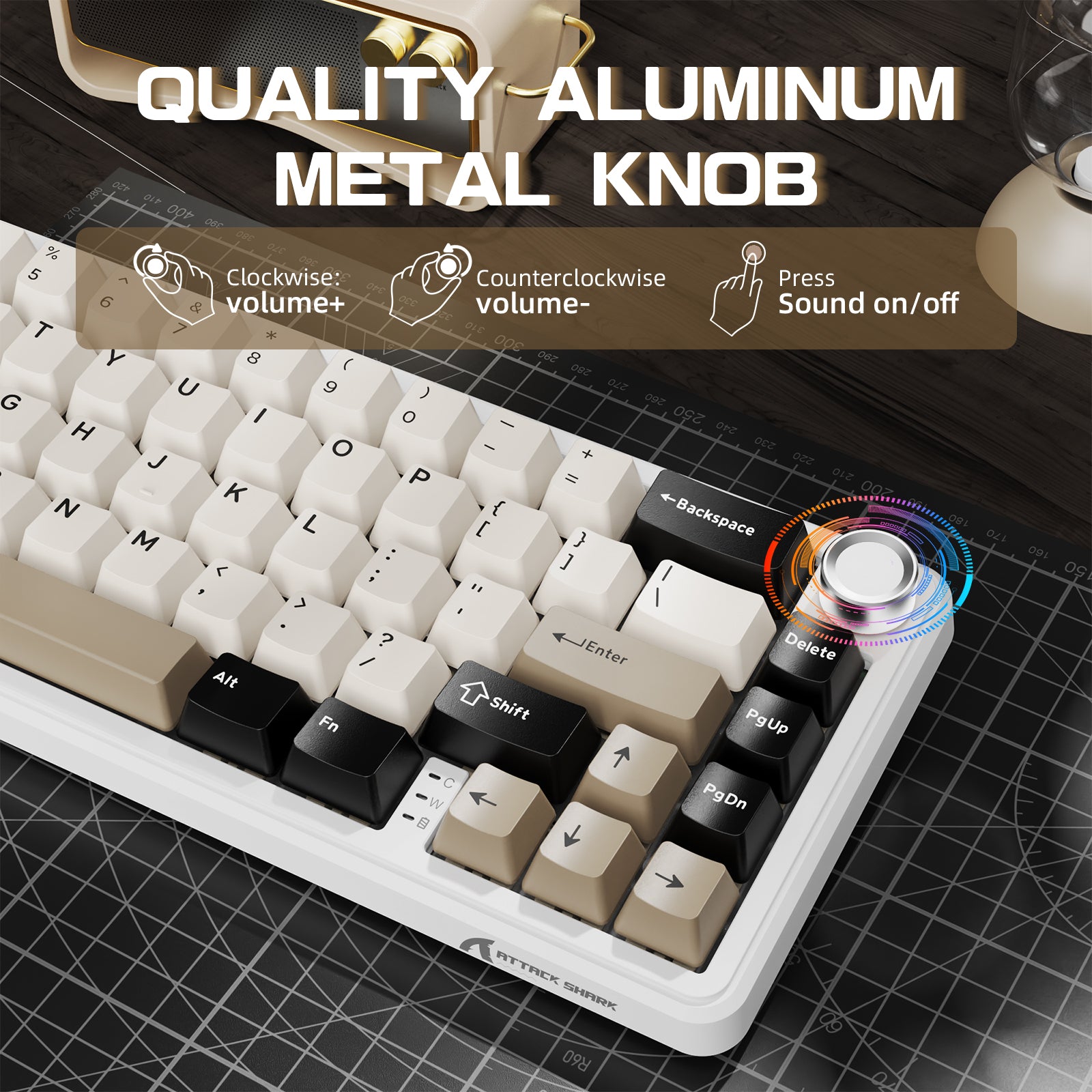 ATTACK SHARK X66 mechanical keyboard with aluminum knob for volume control and sound on/off button, showing function details.