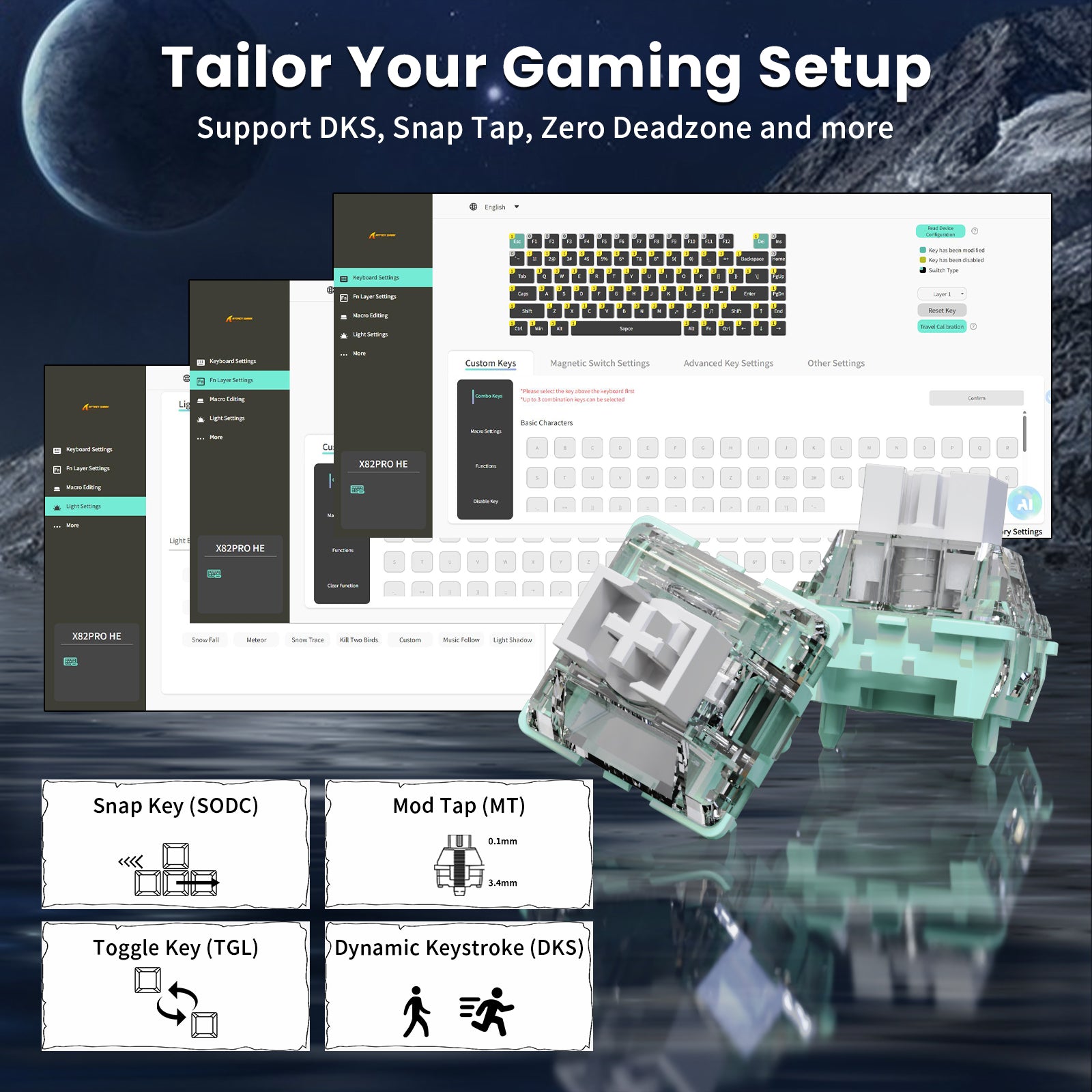 X82PRO HE keyboard customization: DKS, Snap Tap, Zero Deadzone settings, and magnetic switch detail.