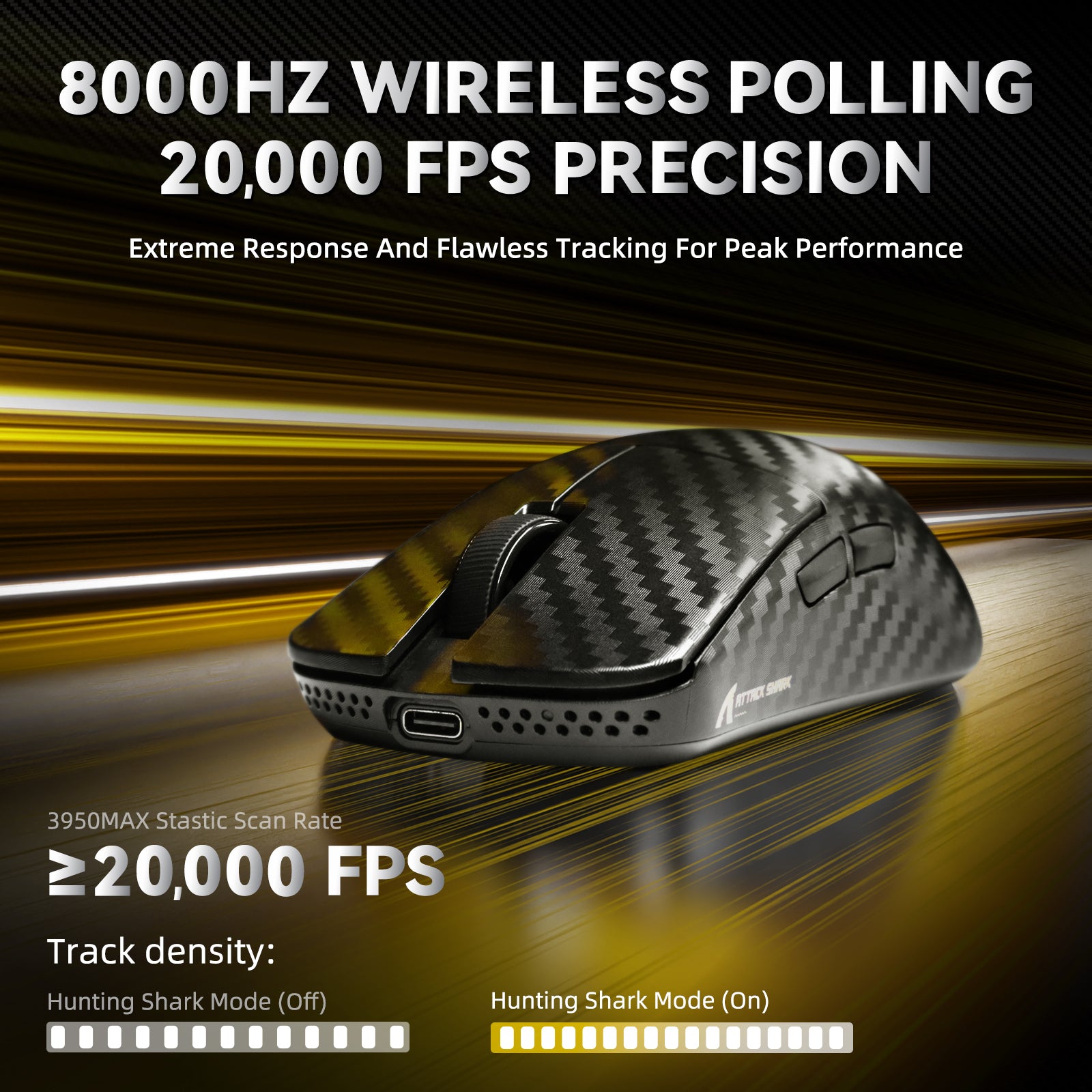 ATTACK SHARK R11 ULTRA Mouse da gioco wireless in fibra di carbonio 8K PAW3950MAX con cavo LED Ultra C06