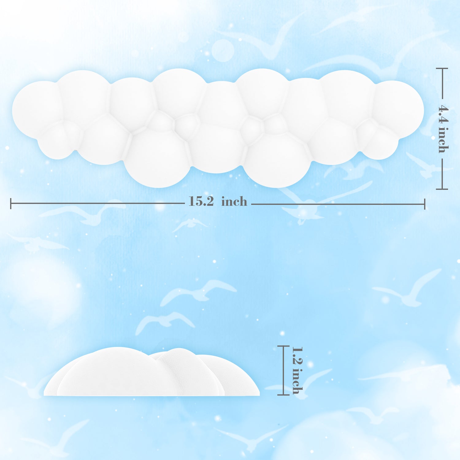 Dimensions of the cloud-shaped wrist rest showing 15.2x4.4x1.2 inches.