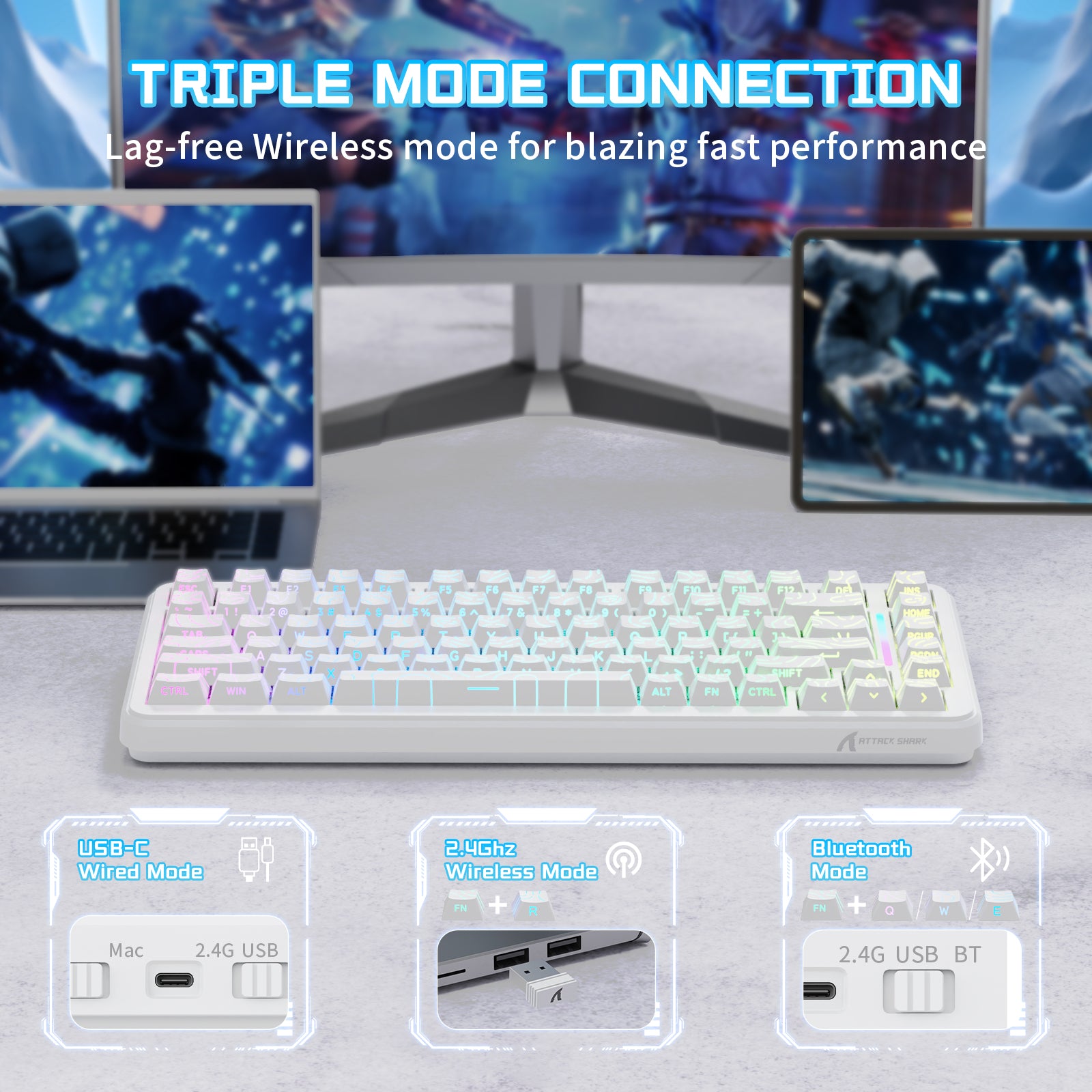 ATTACK SHARK X82PRO HE Wireless Gaming Keyboard, Triple Mode Connection, White, RGB, 75% TKL Layout