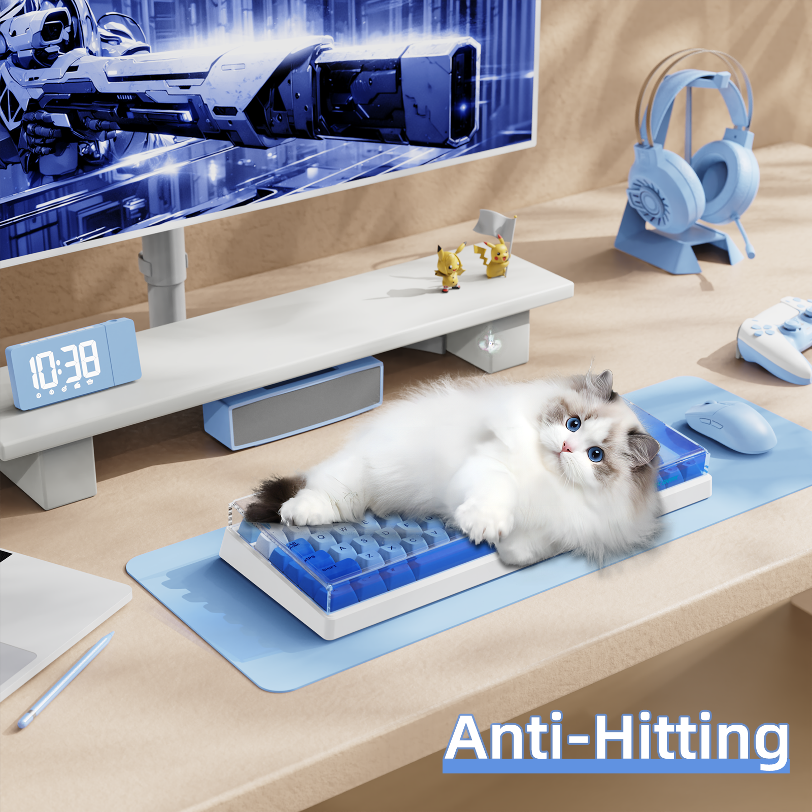 Fluffy cat on white 87-key keyboard with blue keycaps. Clear acrylic keyboard cover shown. Gaming setup in background.