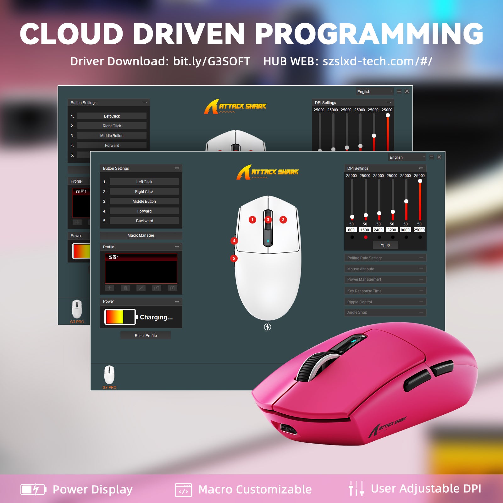 Mouse da gioco wireless tri-mode ATTACK SHARK G3PRO con dock di ricarica, 25000 DPI, ultraleggero