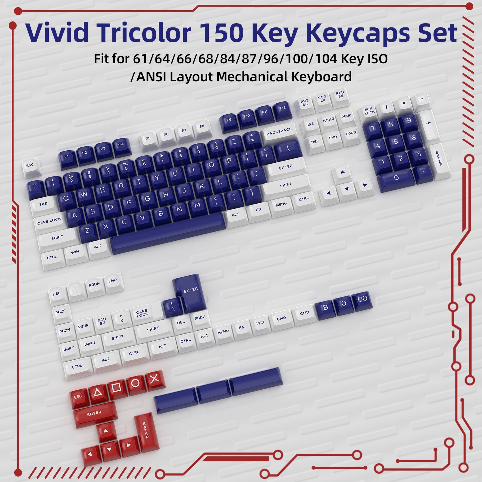 Vivid Tricolor 150 Key PBT Keycaps Set with ASA Profile for mechanical keyboards.