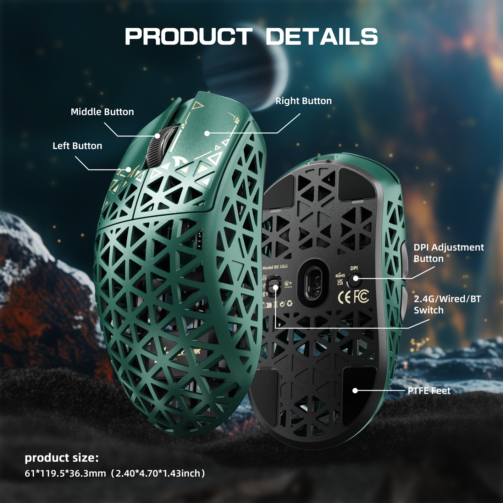 ATTACK SHARK R5 ULTRA Mouse da Gaming Wireless in Fibra di Carbonio 8K PAW3950MAX
