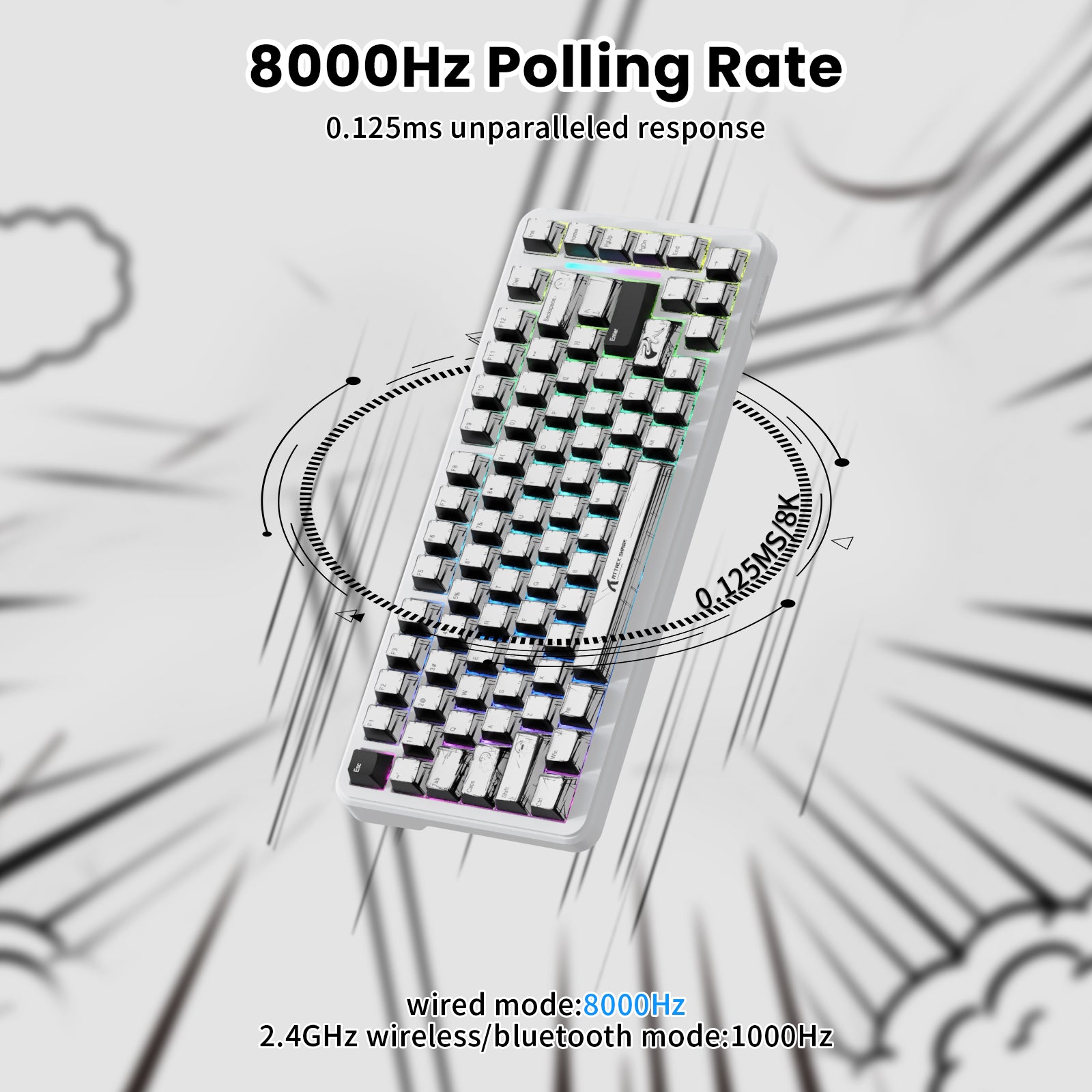 ATTACK SHARK X82PRO HE keyboard with 8000Hz polling rate and 0.125ms response time, white keys, and RGB lighting.