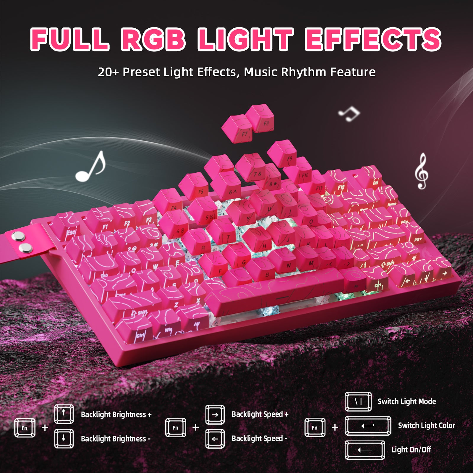 Pink mechanical keyboard with customizable RGB lighting effects and music rhythm feature.