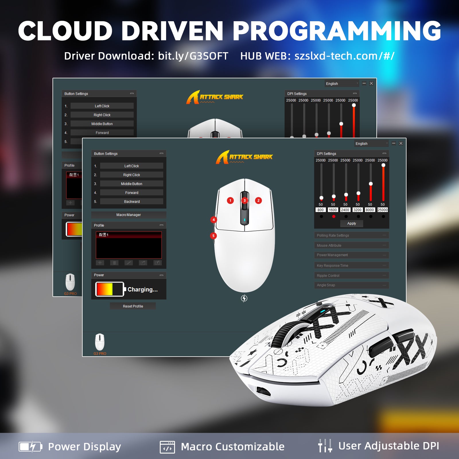 Mouse da gioco wireless tri-mode ATTACK SHARK G3PRO con dock di ricarica, 25000 DPI, ultraleggero